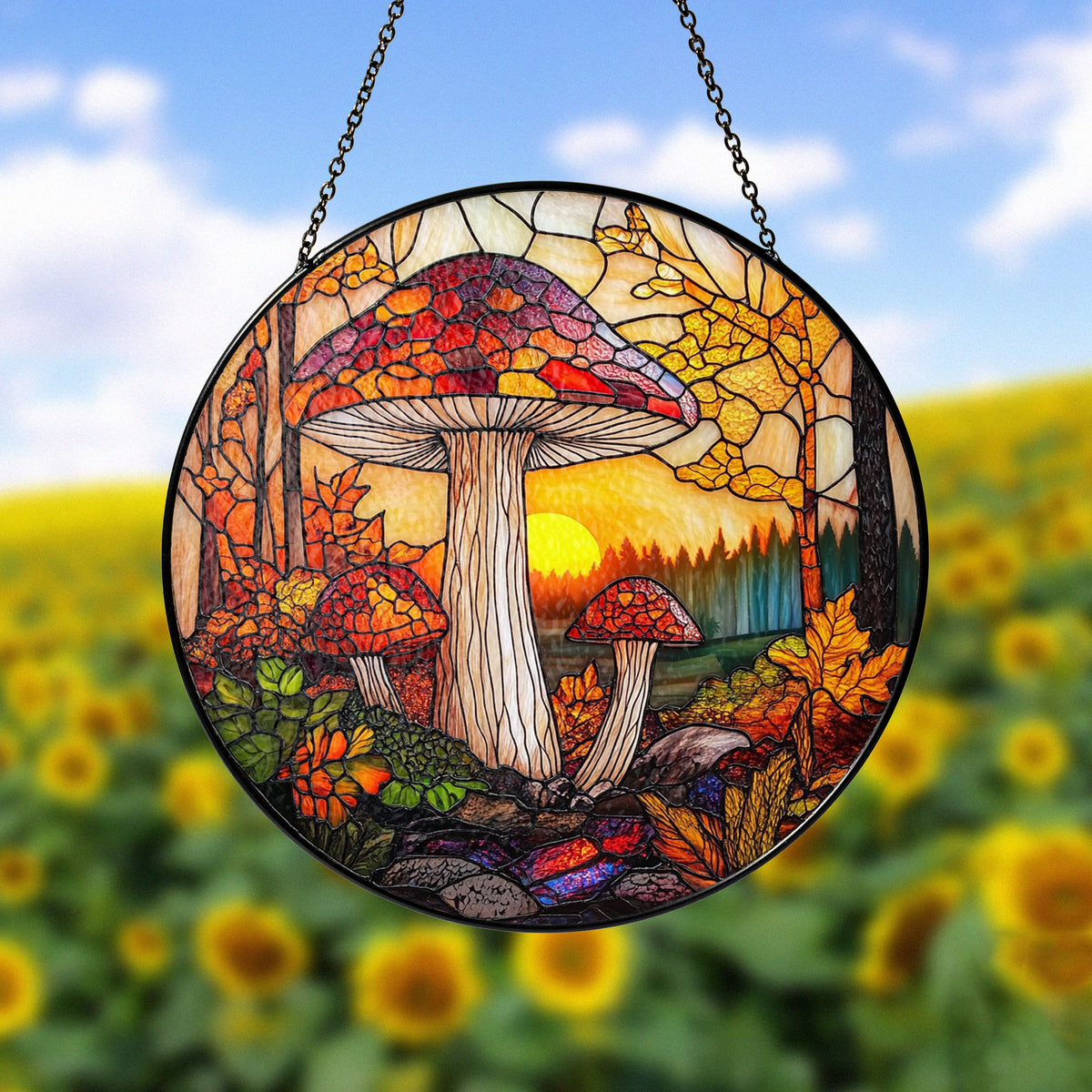 Sunset Mushroom Suncatcher, Window Stained Glass Style, Mushrooms for Home Decoration