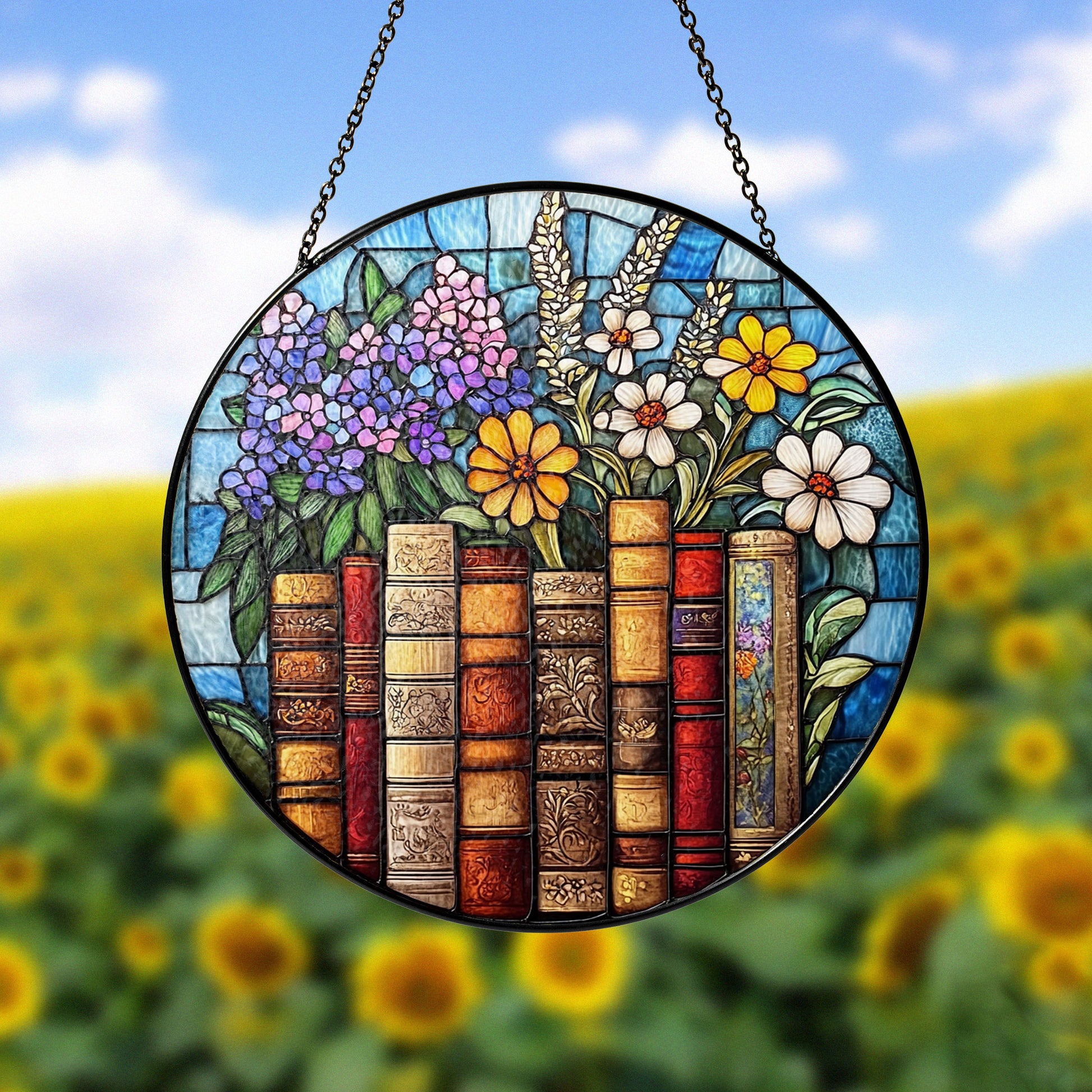 Book Flower Window Stained Glass Style, Suncatcher Window Hanging, Bookish Gift