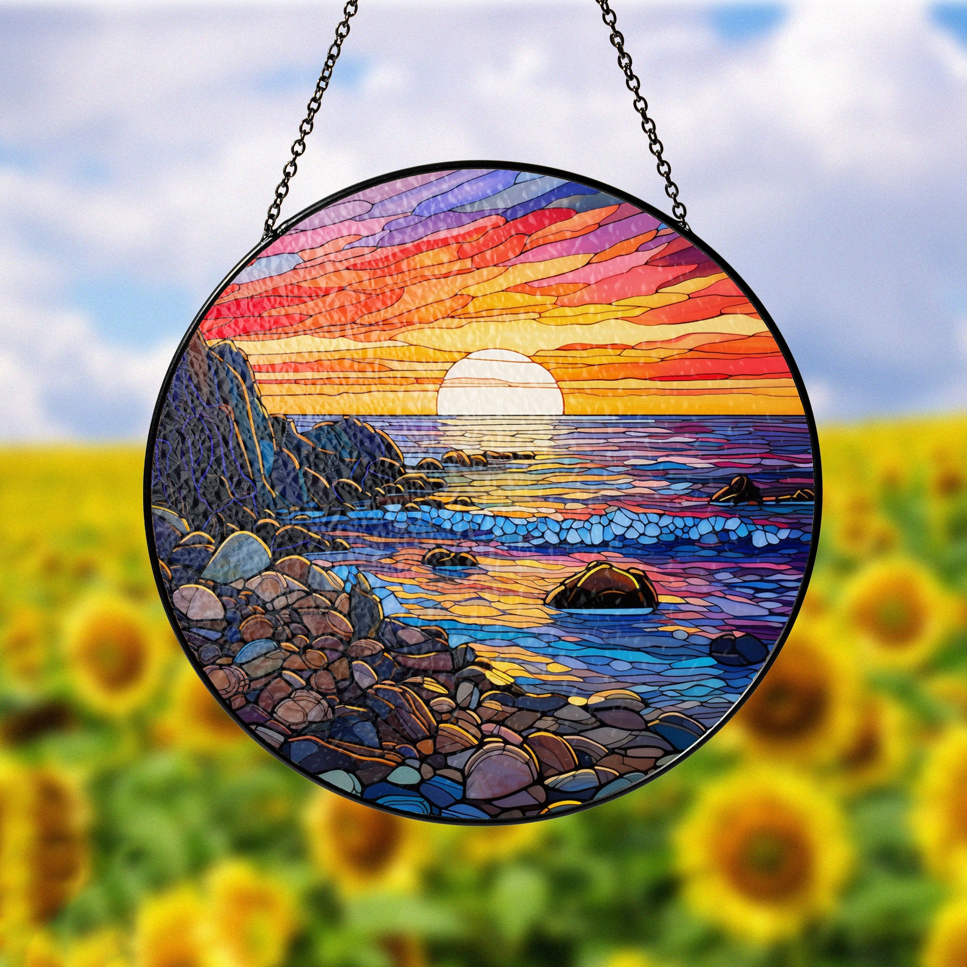 Waves on The Beach Suncatcher, Stained Glass Window Hanging, , Beach Lover House Wall Hanger