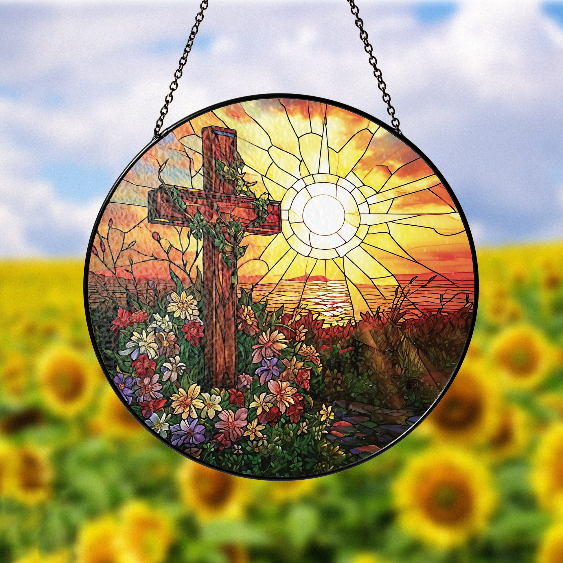 Cross Sunset Window Glass, Suncatcher Window Hanging