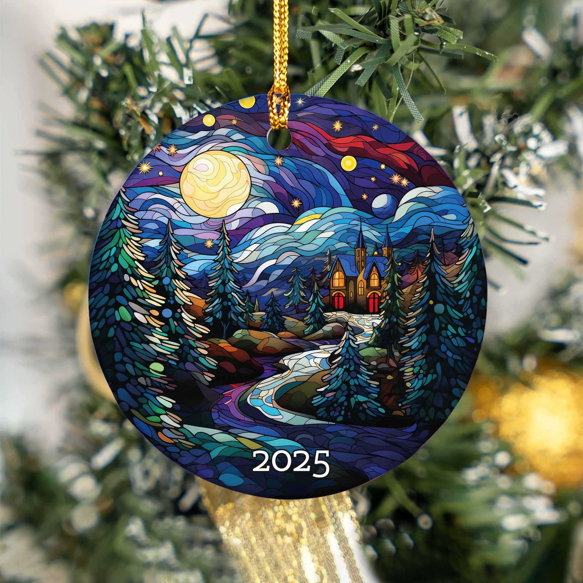 The Night Moon Church Christmas Tree Ornament, Stained Glass Style Ornament, Gift Exchange, Gift Idea, Xmas Church