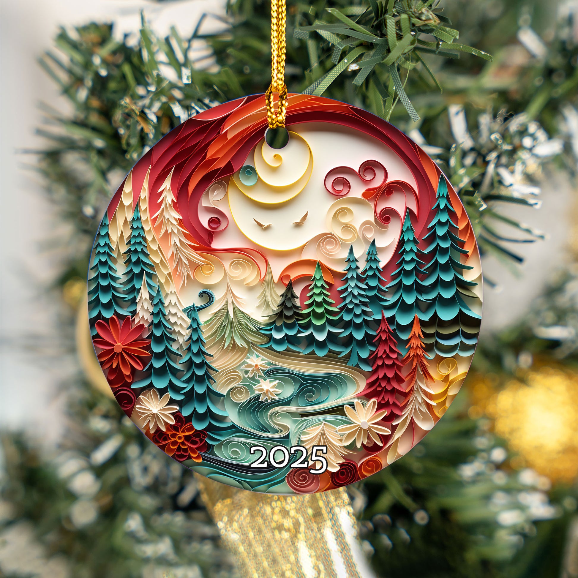 Vibrant Woodland Scene Artistic Christmas Ceramic Ornament