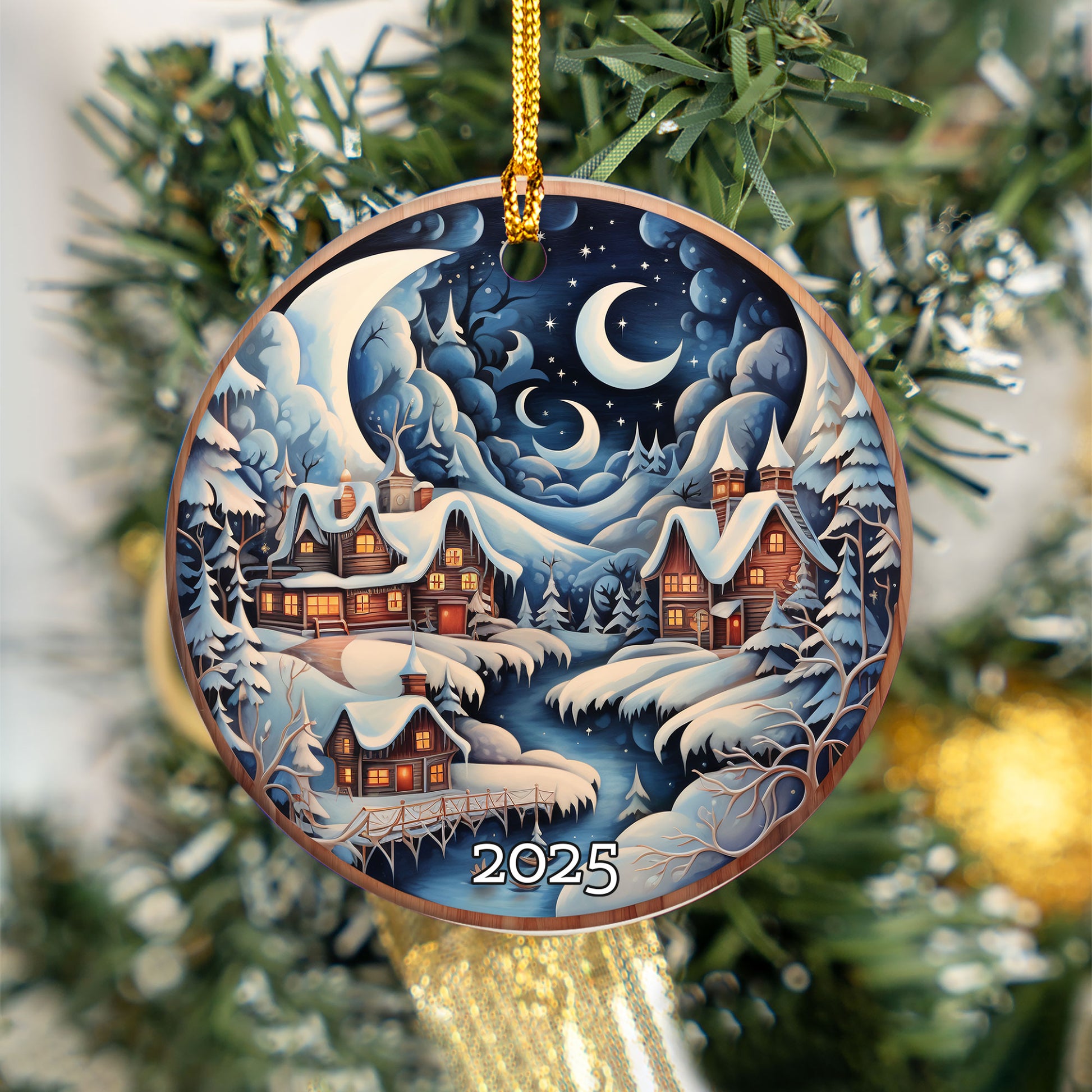 Snowy Village Under Moon and Stars Christmas Ornament