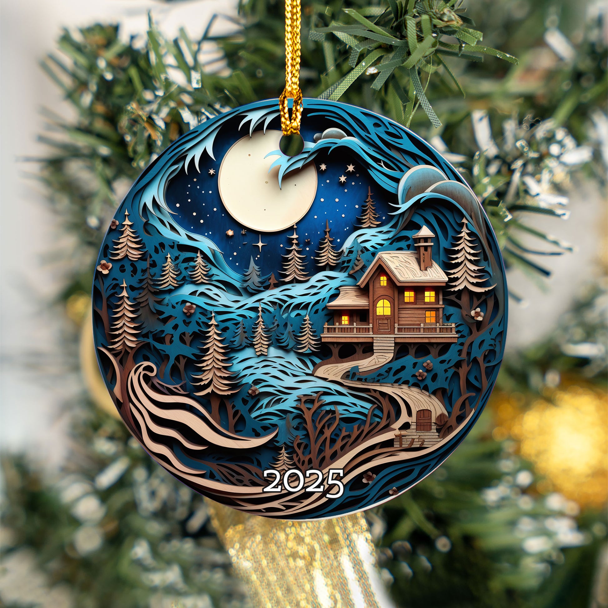 Moonlit Cabin in Snowy Forest Christmas Ornament, Holiday Decor