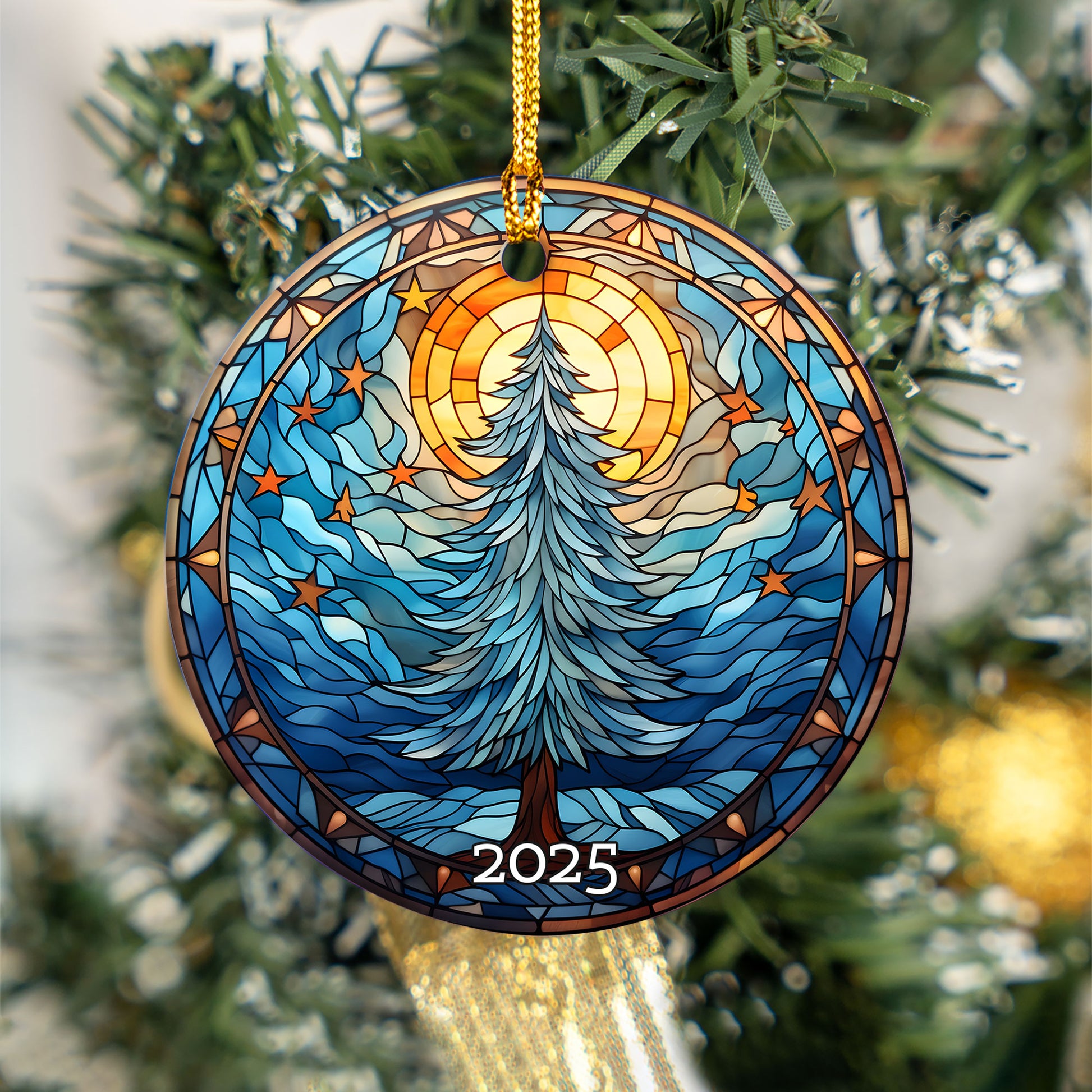 Christmas Tree Blue Tone Stained Glass Style Ceramic Ornament, Holiday Gift Exchanged