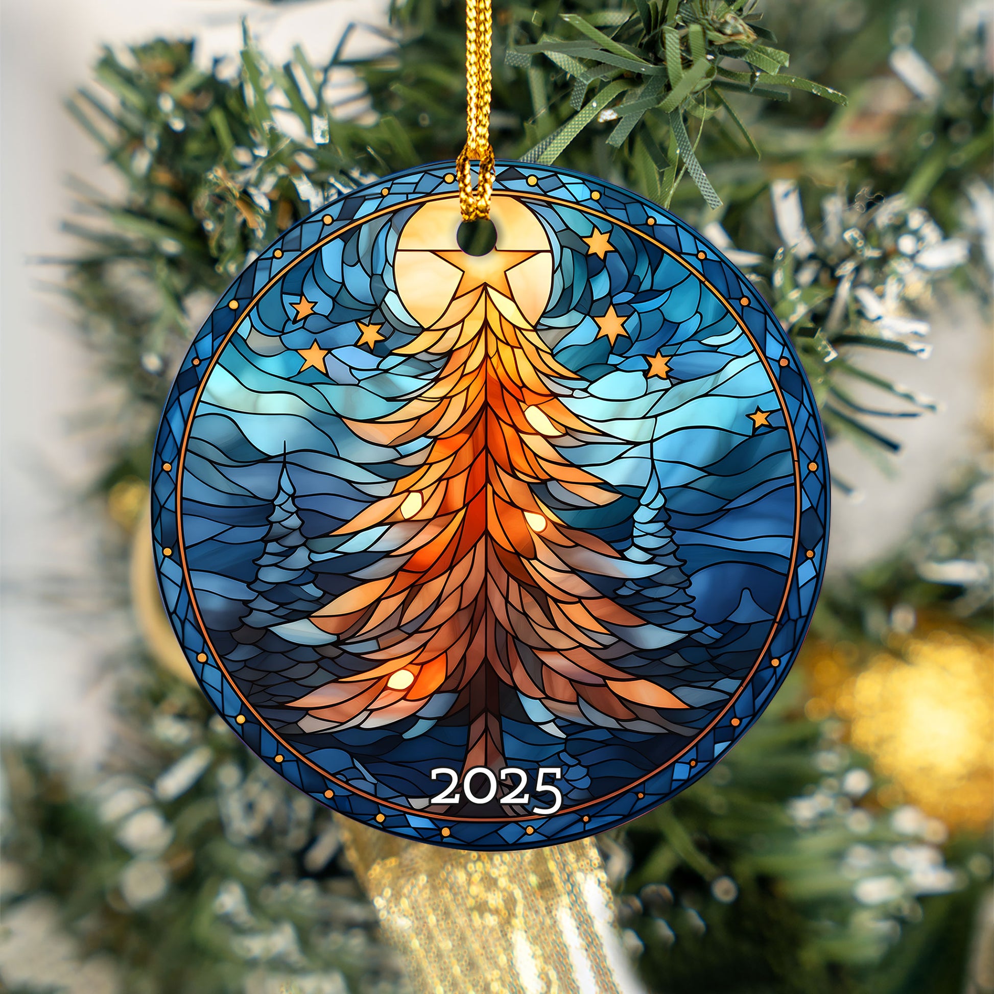 Christmas Tree Stained Glass Style Ceramic Ornament, Family Gift Exchanged, Holiday Decor