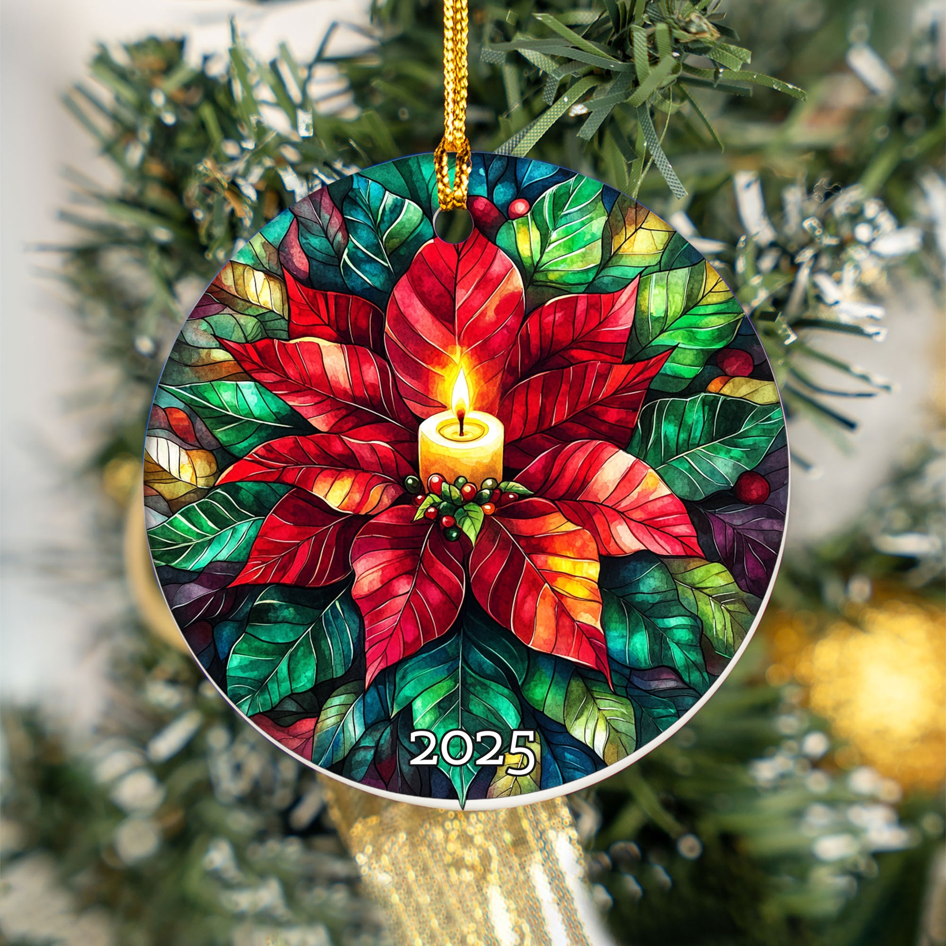 Stained Glass Poinsettia Candle Ornament, Colorful Christmas Keepsake, Festive Floral Holiday Decoration