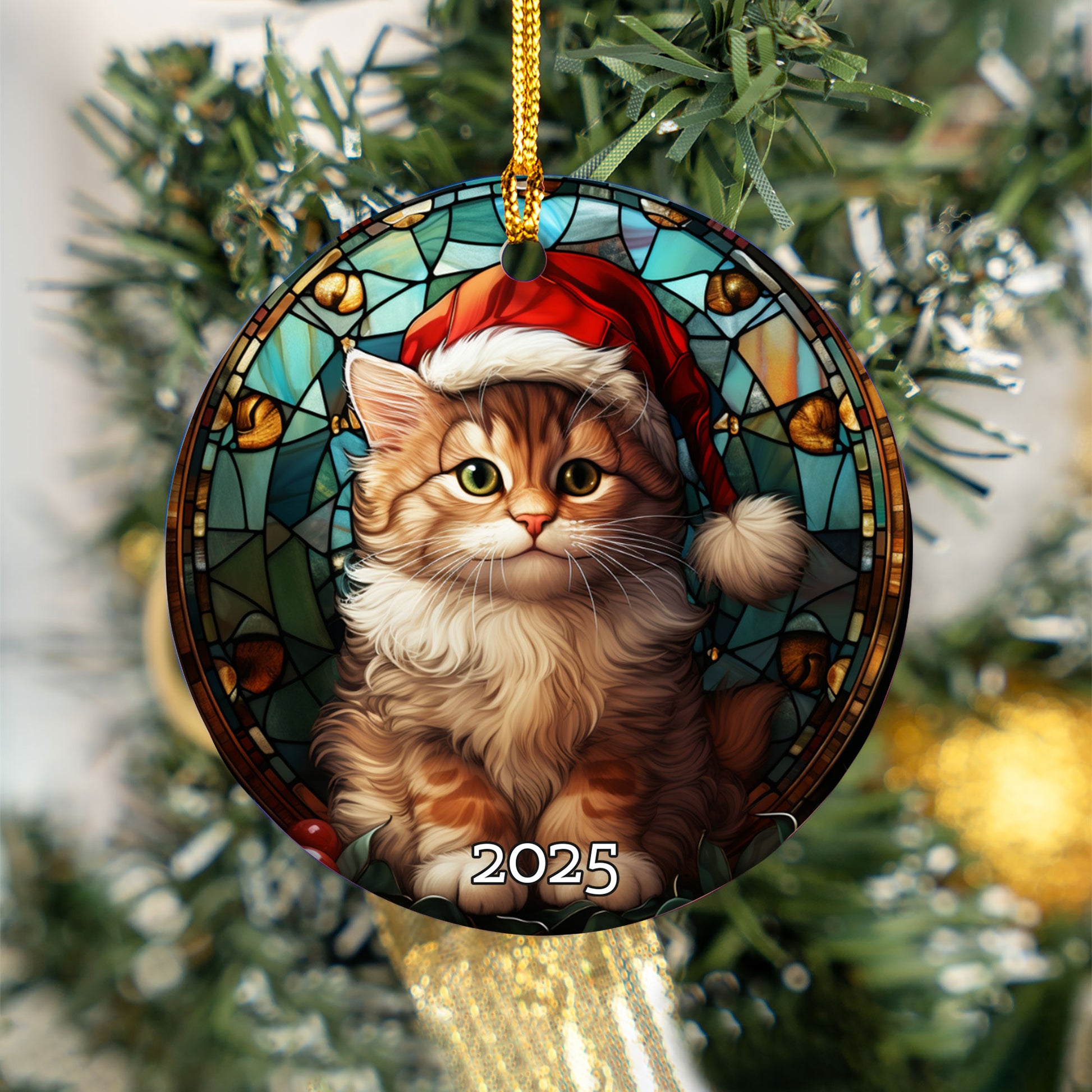 Merry Christmas Cat Stained Glass Ornament, 3D Ornament, Christmas Cat Decor, Cat Lover Cat Mom Gift