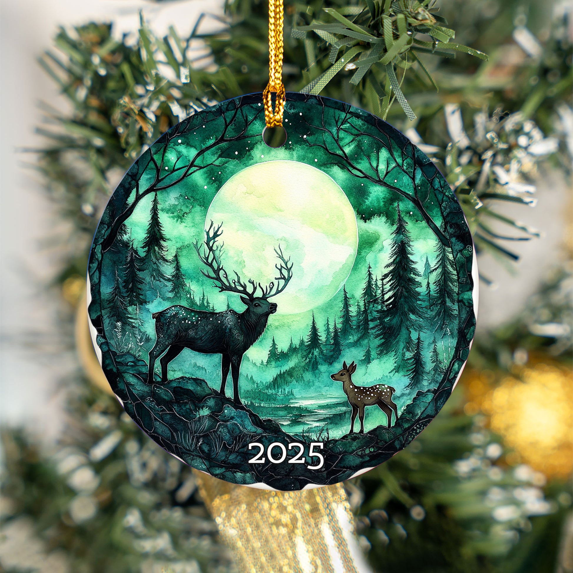 Moonlit Forest Deer Ornament 2025, Winter Scene Christmas Keepsake, Holiday Decor