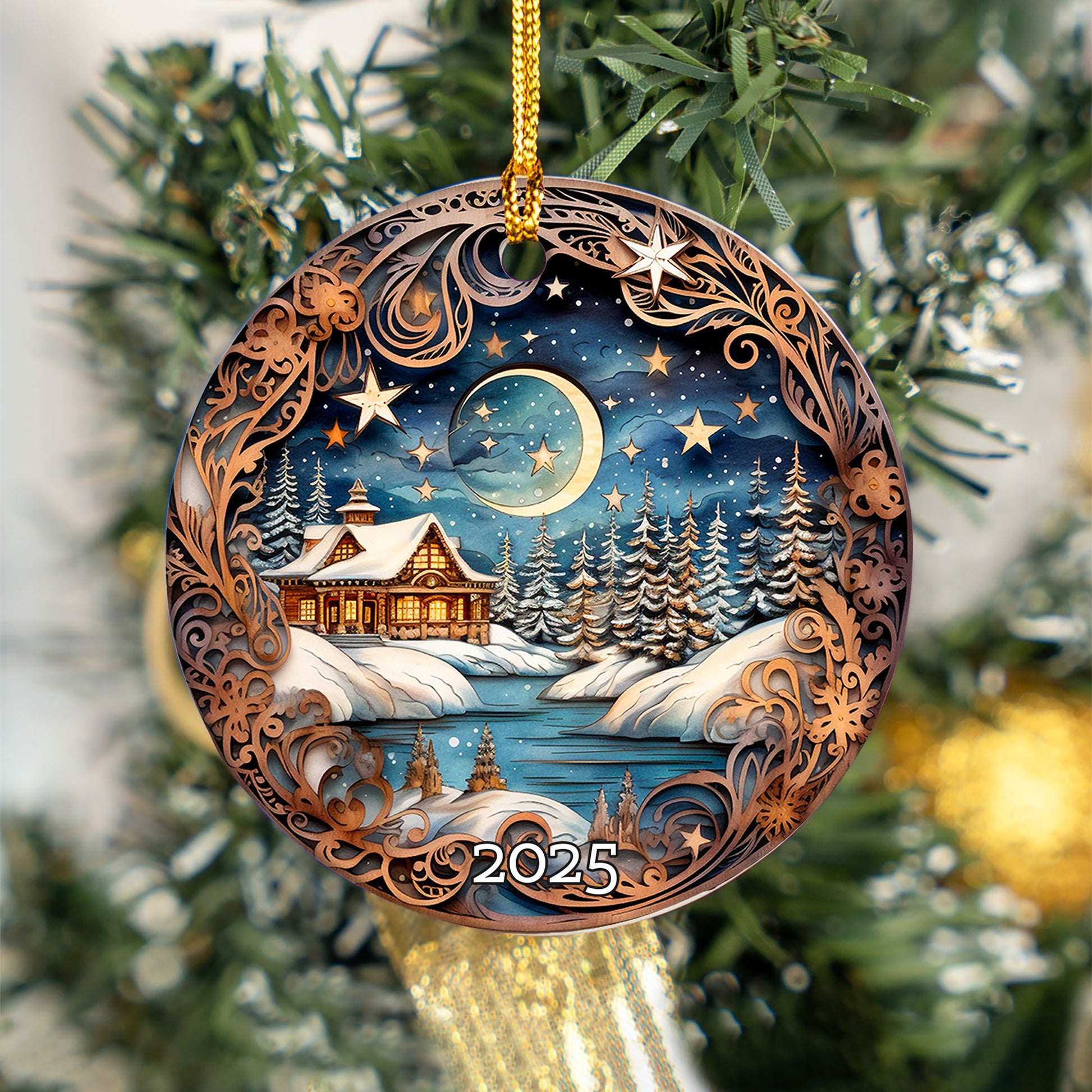 Vintage Cozy Cabin Christmas Ornament, Gift For Family, Tree Ornament