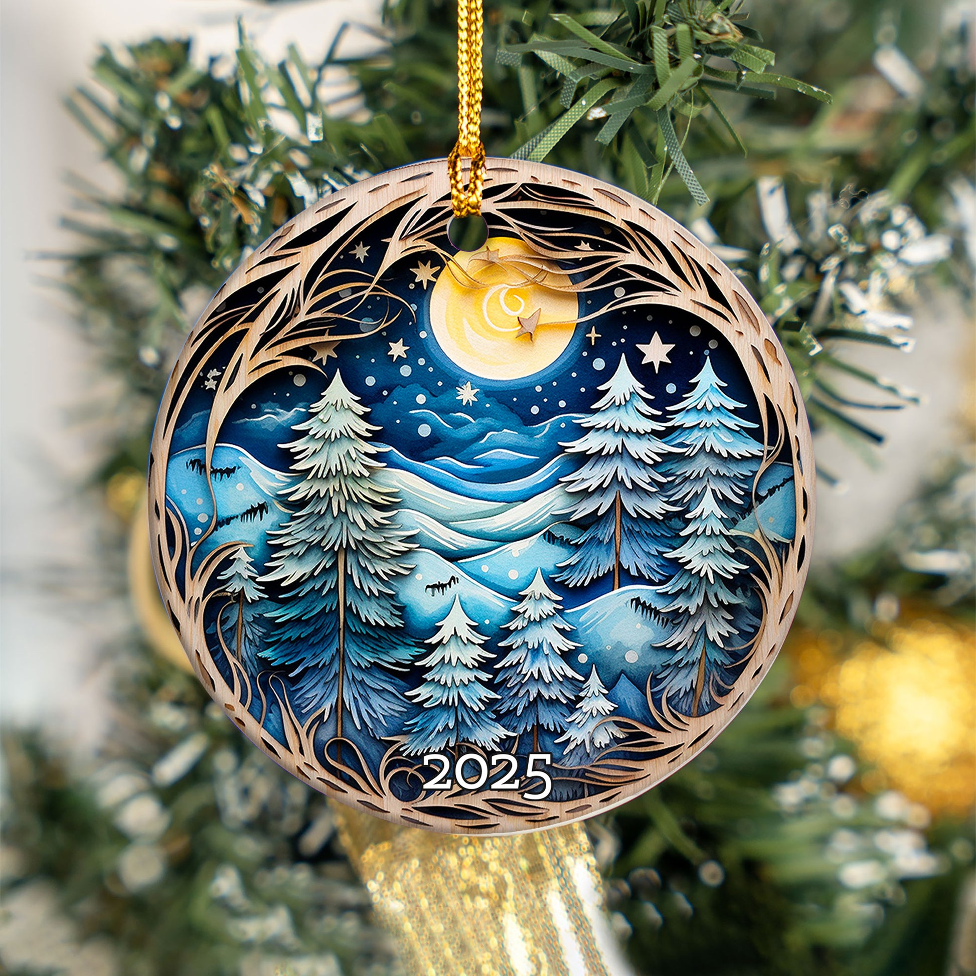 Christmas Night Winter Landscape Tree Decoration Ornament, Holiday Keepsake Gift for Nature Lovers
