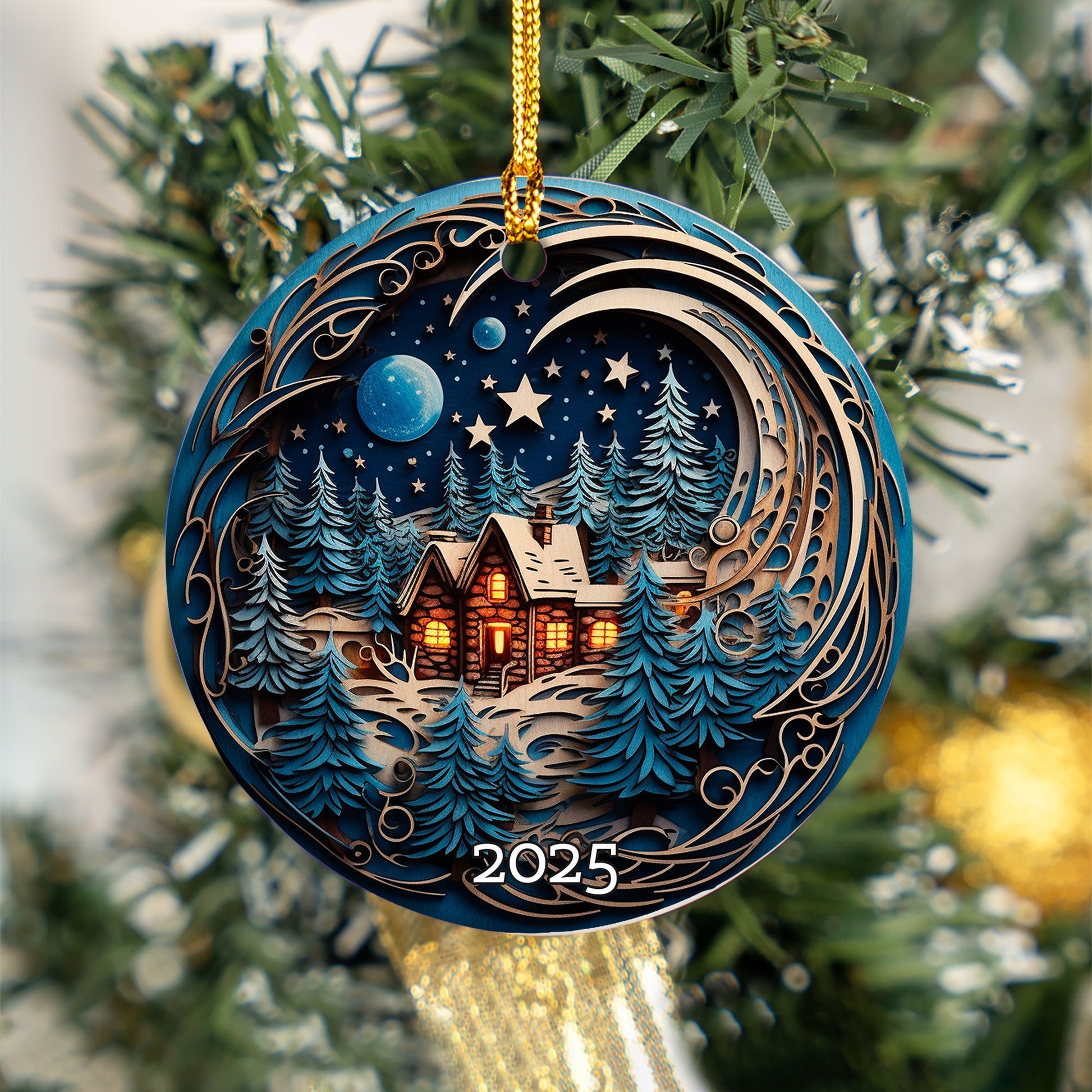 Cozy Cabin Christmas Ornament, Starry Sky Holiday Keepsake, Rustic Home Decor Gift for Nature Lovers