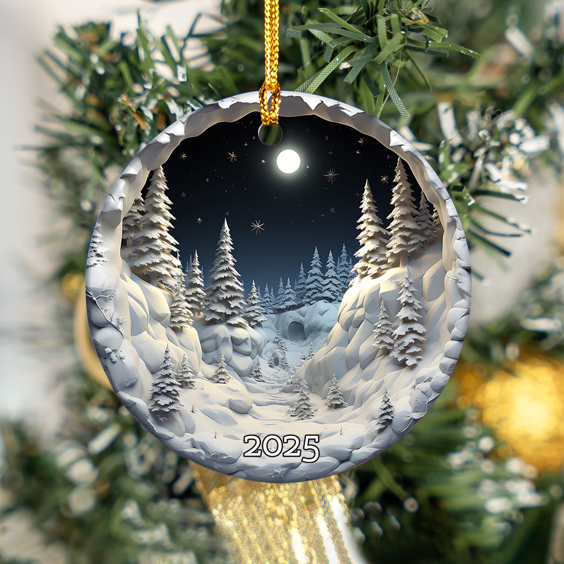 Snowy Forest Under Full Moon Serene Winter Ornament, Christmas Ornament 2025
