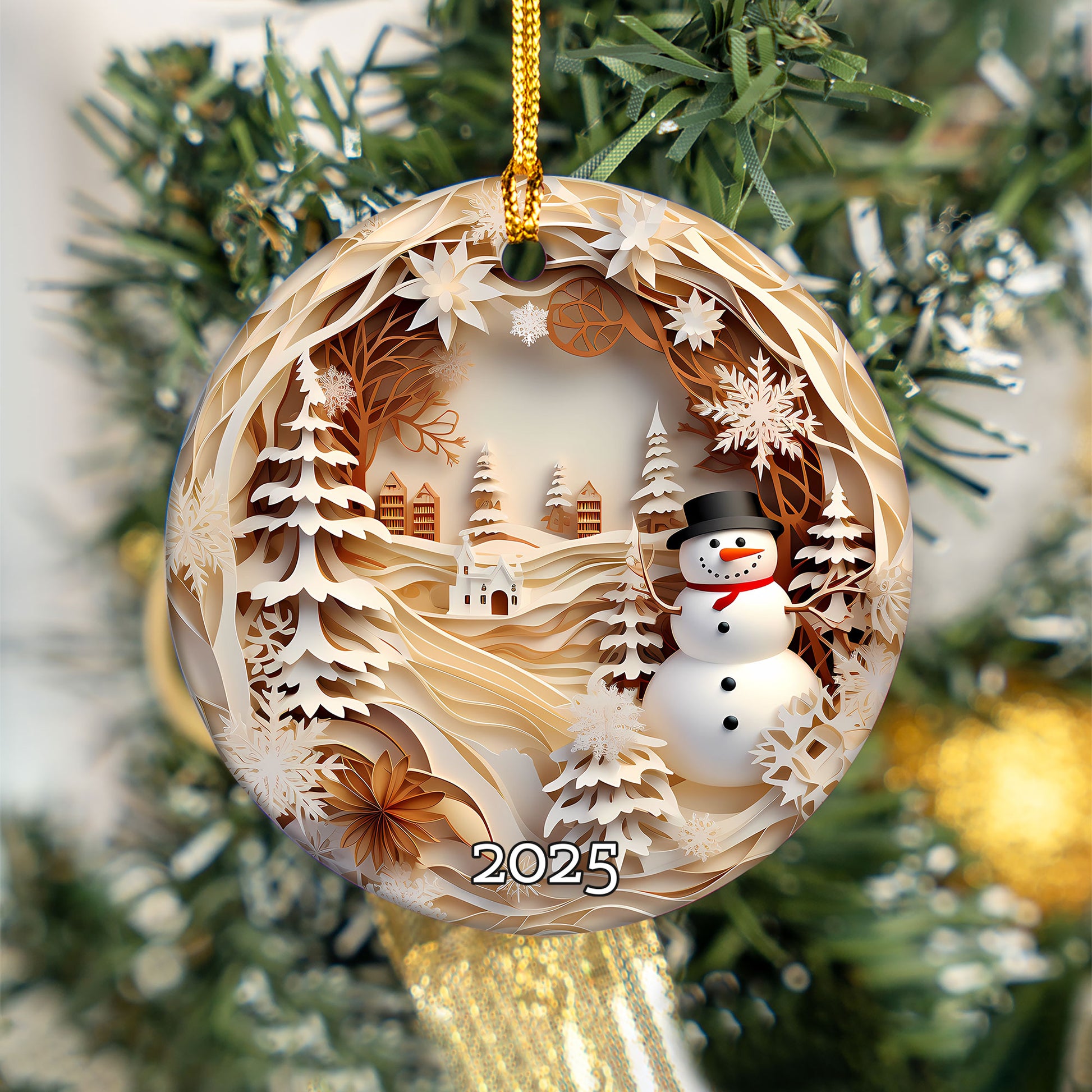 Snowman Village Scene Ornament,  Peaceful Winter Keepsake Gift, Tree Decoration Gift Idea