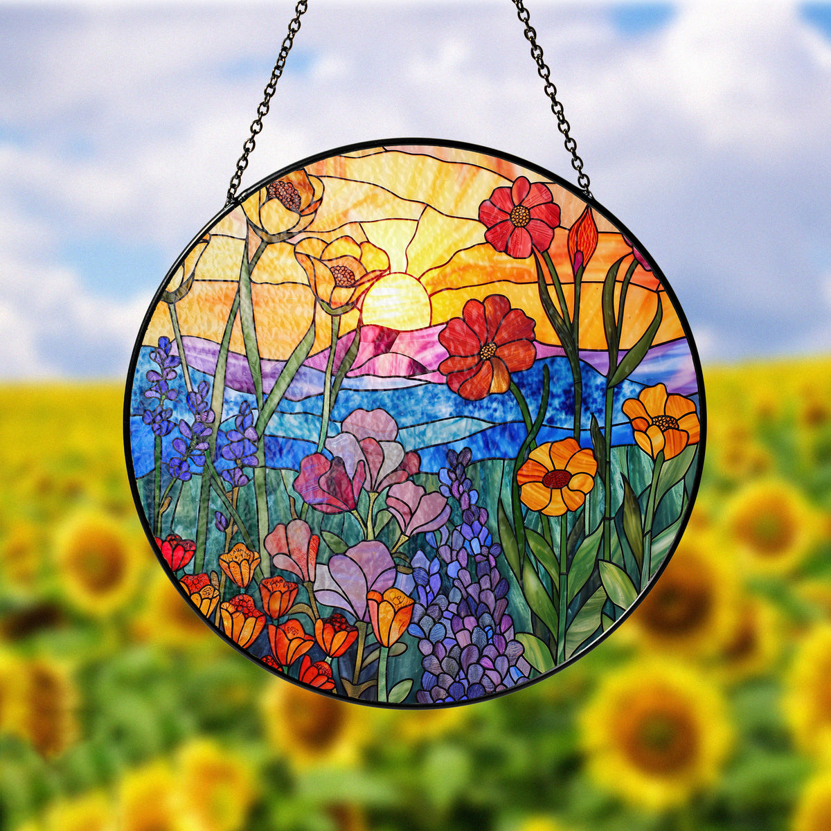 Wildflowers Sun catcher, Sunset Stained Glass Window Hangings, Wall Decor, Housewarming Gift