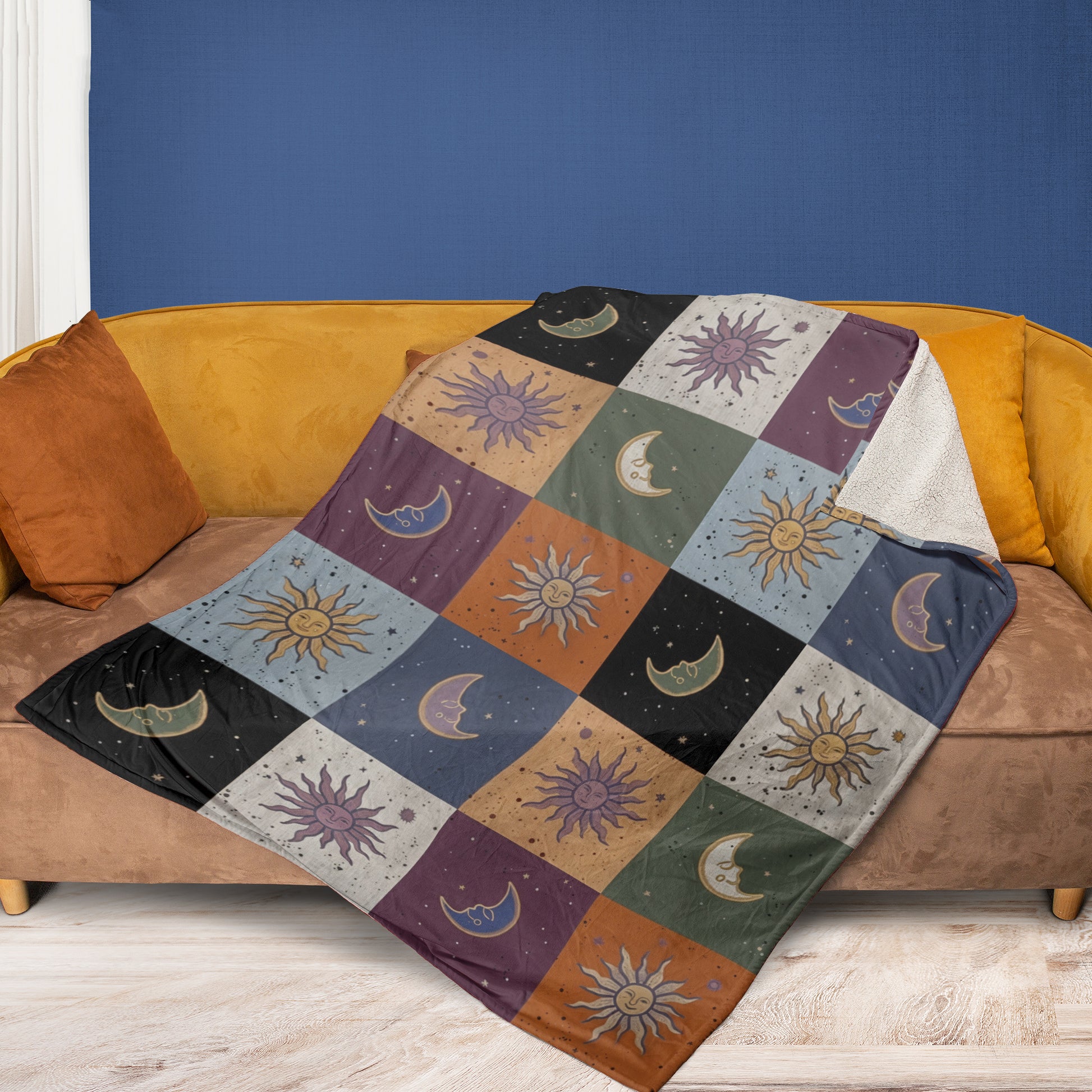 Mystic Sun Moon Boho Style, Celestial Checkerboard Throw Blanket