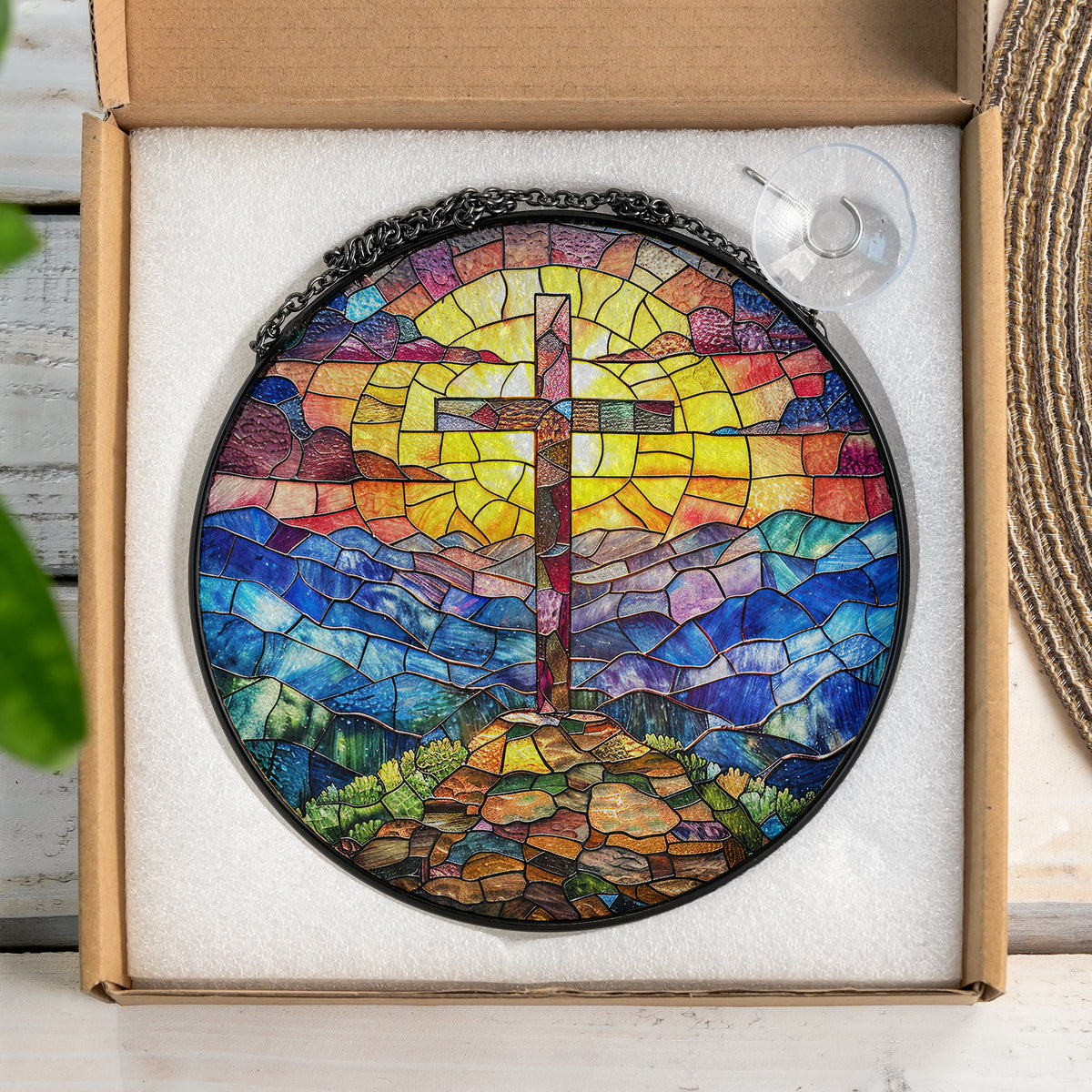 Cross Sunset Suncatcher, Stained Glass Window Hanging, , Faith Love House Wall Hanger