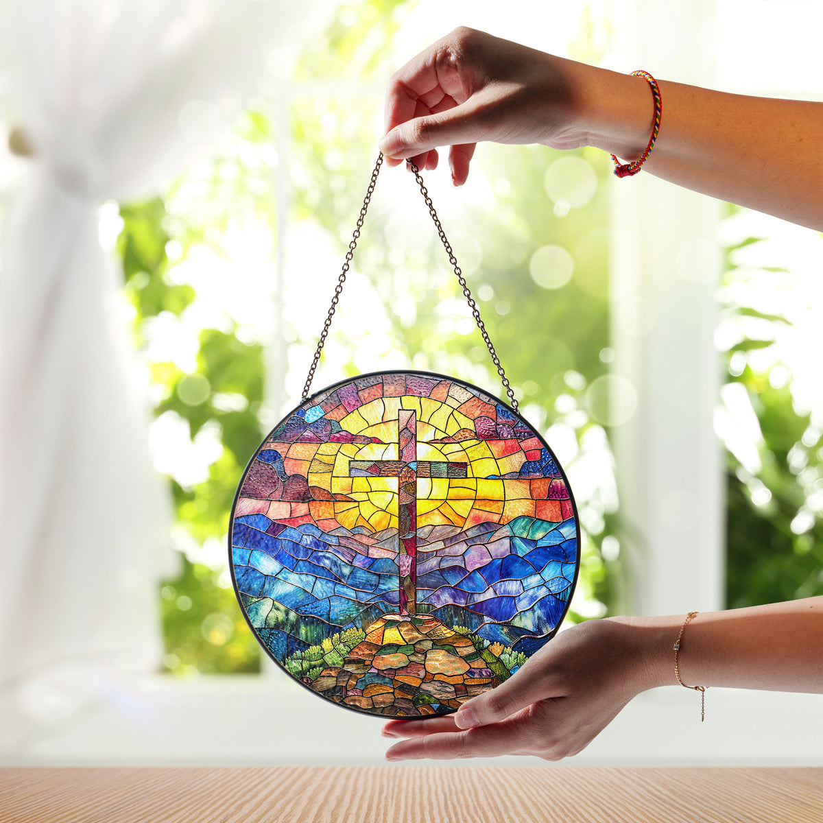 Cross Sunset Suncatcher, Stained Glass Window Hanging, , Faith Love House Wall Hanger