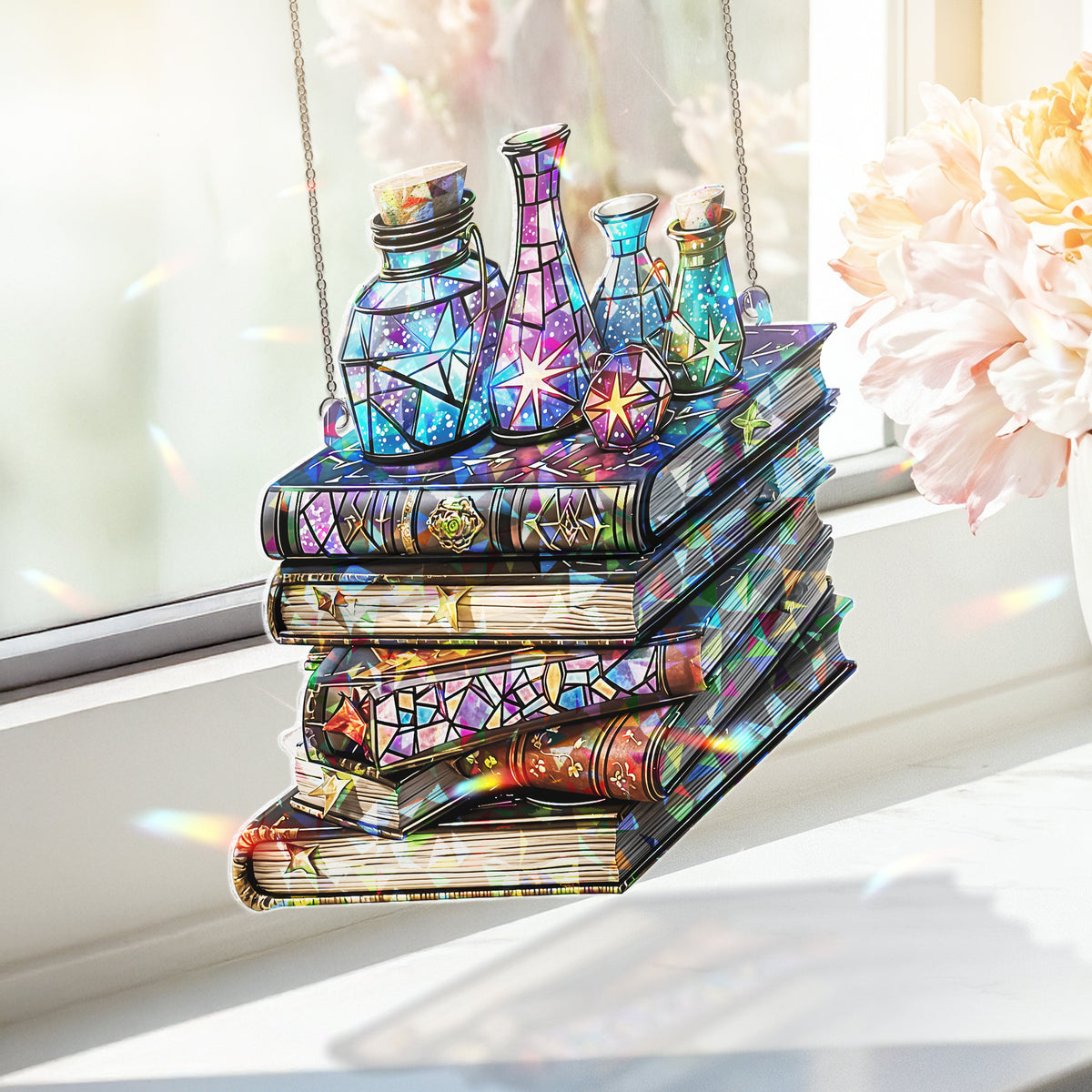 Vintage Fantasy Books Magical Suncatcher Ornament Window Hangings, Book Club Gift, Book Lover Suncatcher, Book Reader Gifts, Librarian Gift