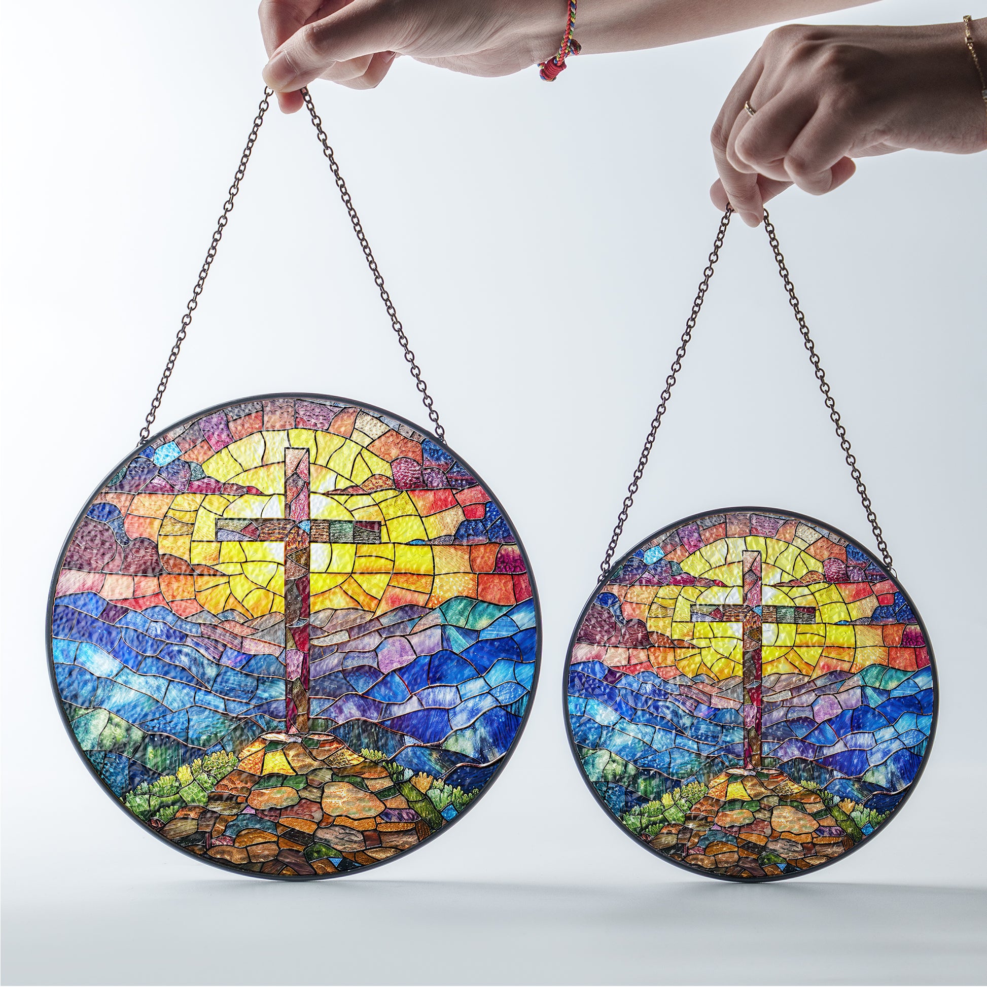 Cross Sunset Suncatcher, Stained Glass Window Hanging, , Faith Love House Wall Hanger