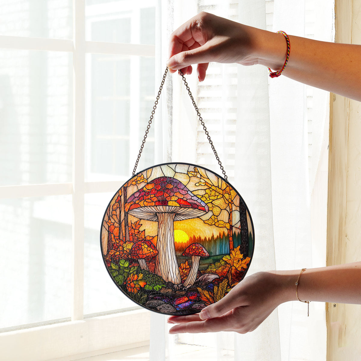 Sunset Mushroom Suncatcher, Window Stained Glass Style, Mushrooms for Home Decoration