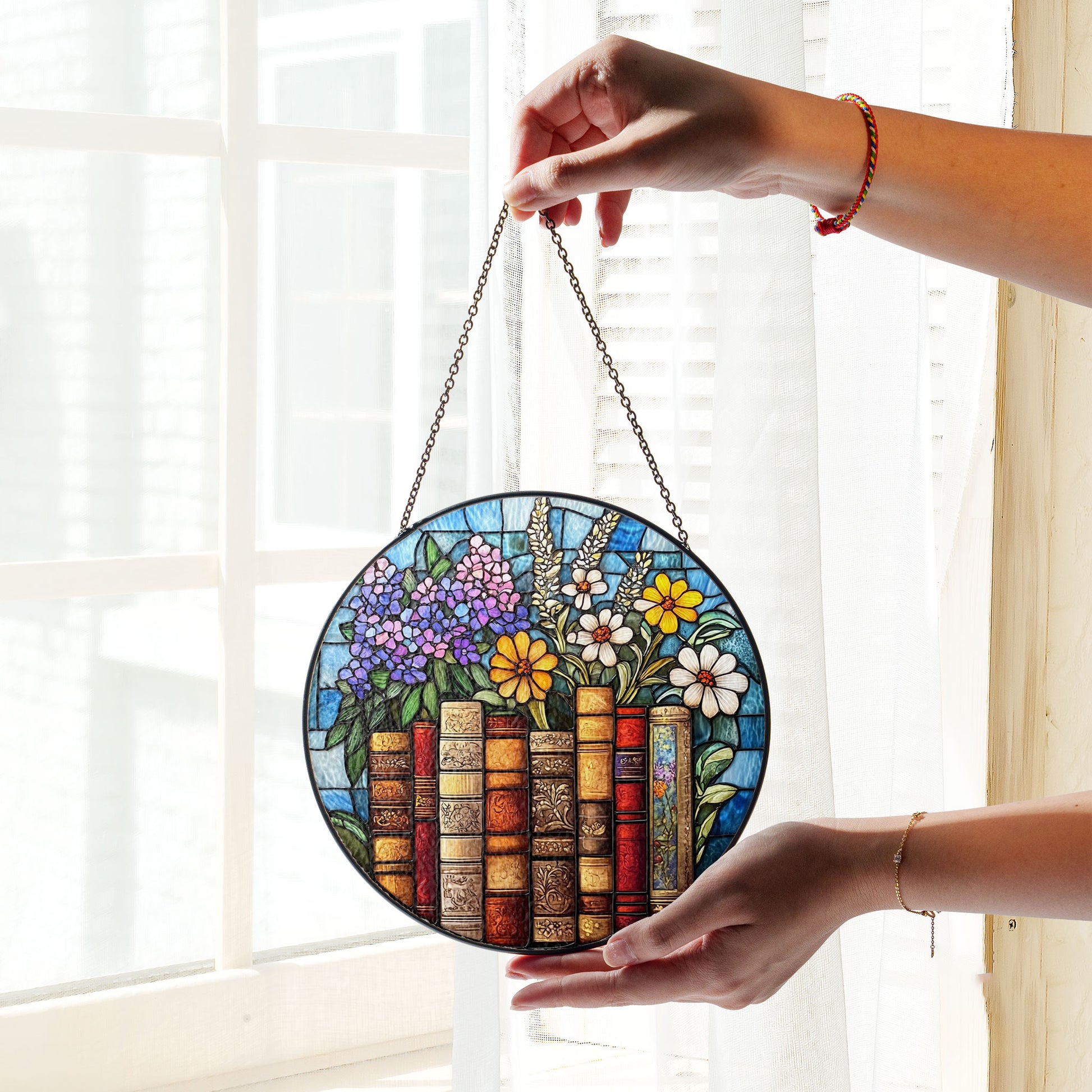 Book Flower Window Stained Glass Style, Suncatcher Window Hanging, Bookish Gift