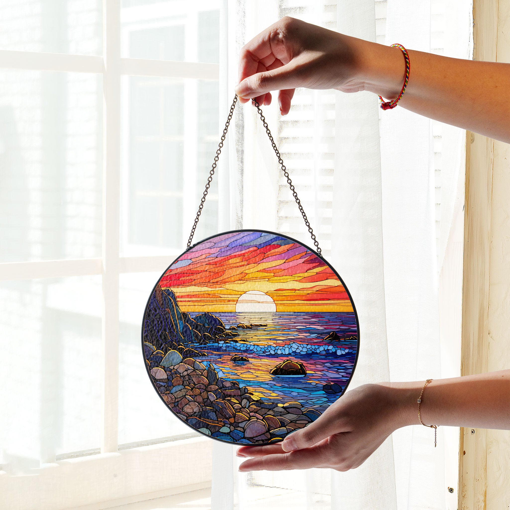 Waves on The Beach Suncatcher, Stained Glass Window Hanging, , Beach Lover House Wall Hanger