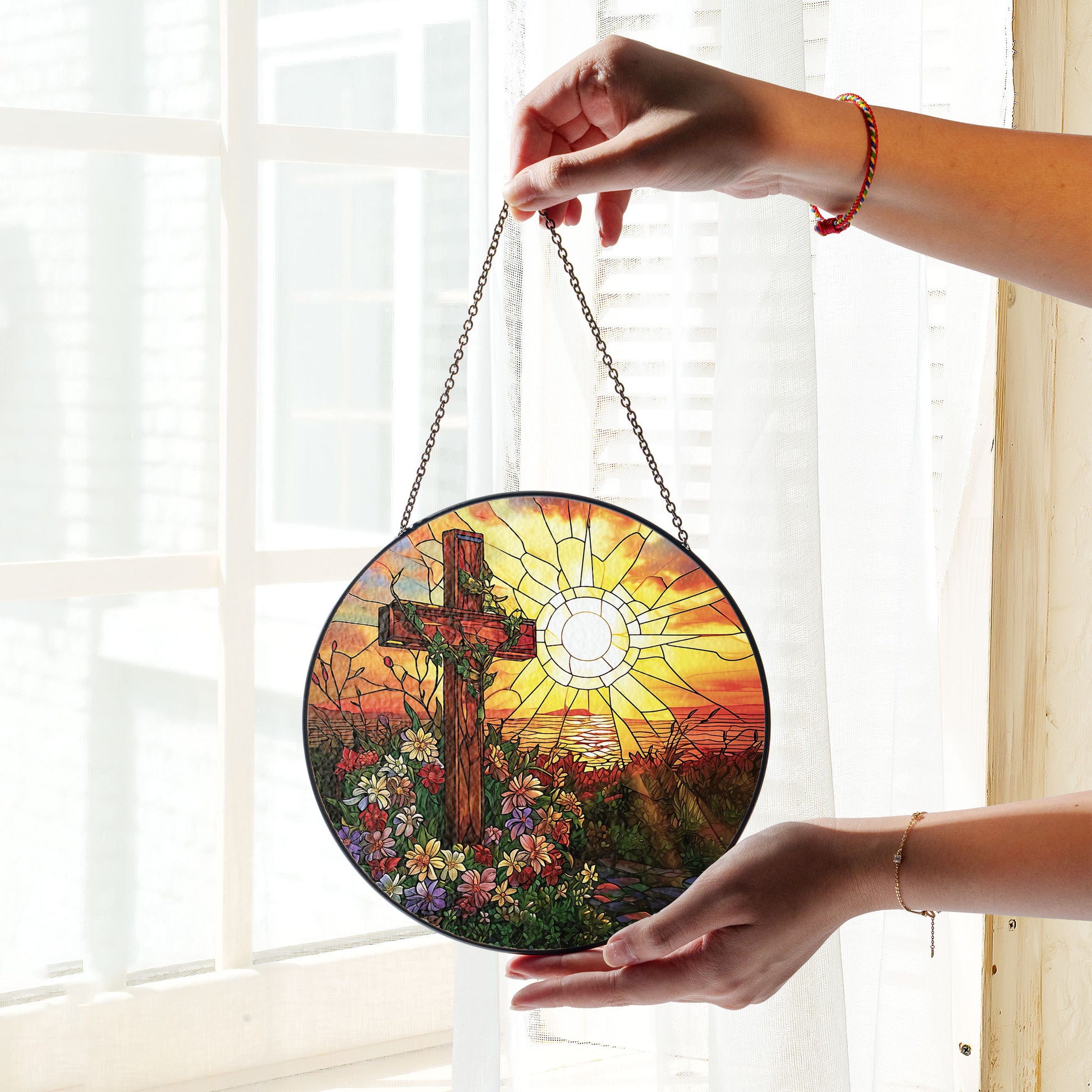 Cross Sunset Window Glass, Suncatcher Window Hanging