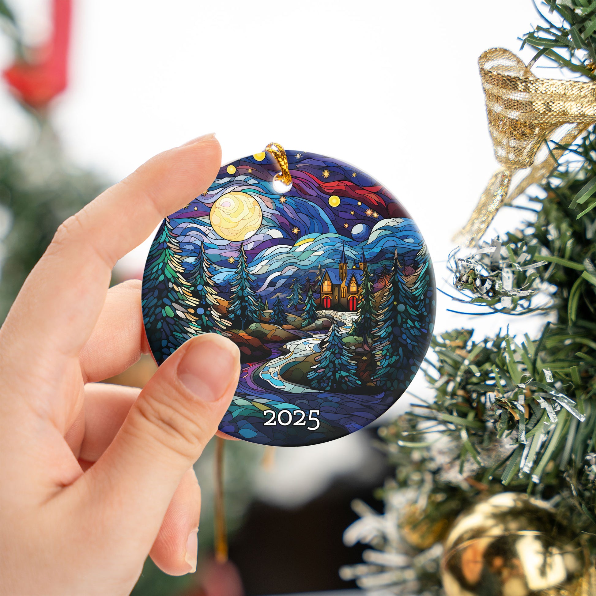 The Night Moon Church Christmas Tree Ornament, Stained Glass Style Ornament, Gift Exchange, Gift Idea, Xmas Church