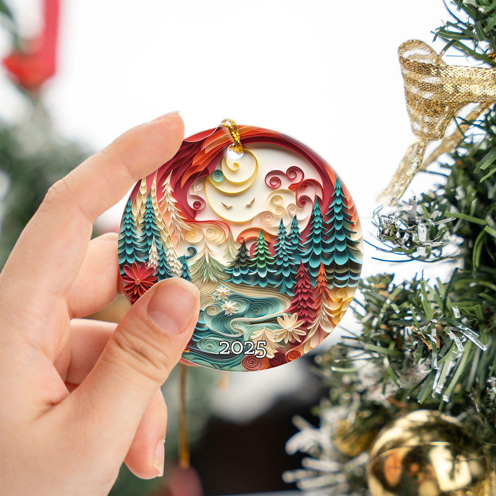 Vibrant Woodland Scene Artistic Christmas Ceramic Ornament