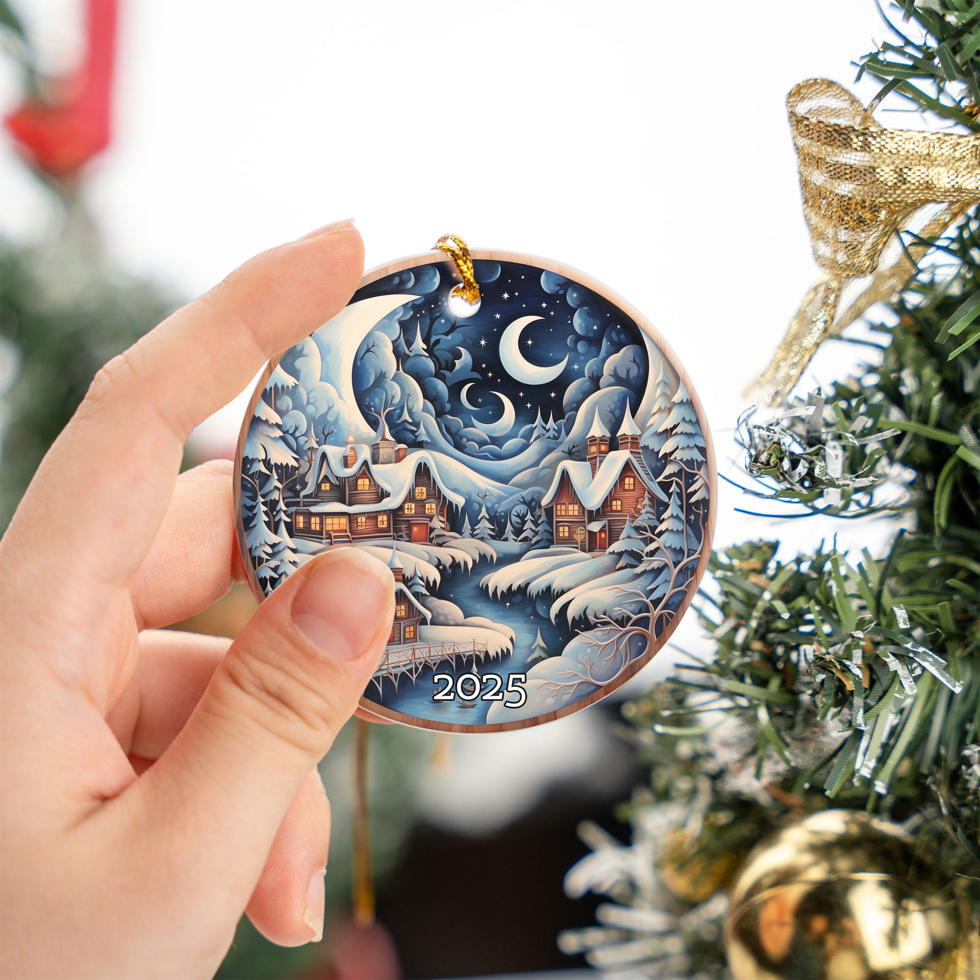 Snowy Village Under Moon and Stars Christmas Ornament