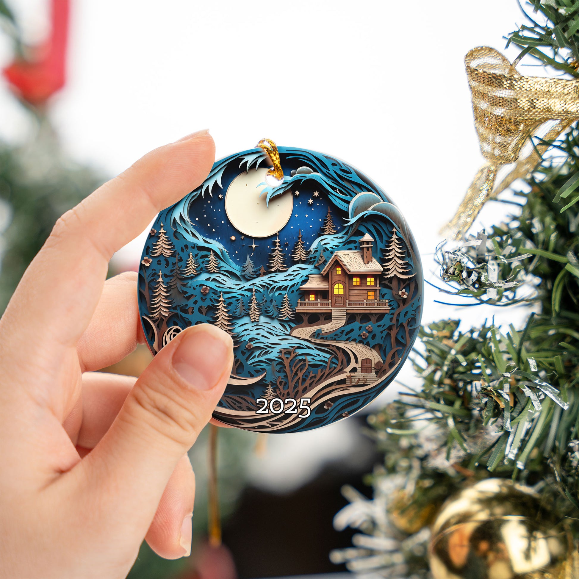 Moonlit Cabin in Snowy Forest Christmas Ornament, Holiday Decor
