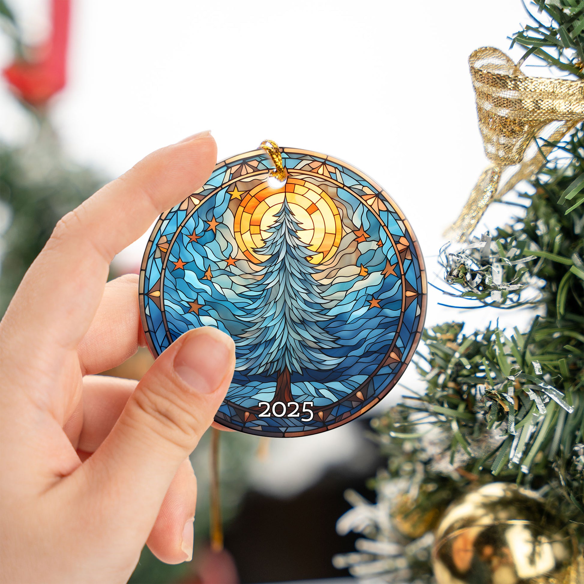 Christmas Tree Blue Tone Stained Glass Style Ceramic Ornament, Holiday Gift Exchanged