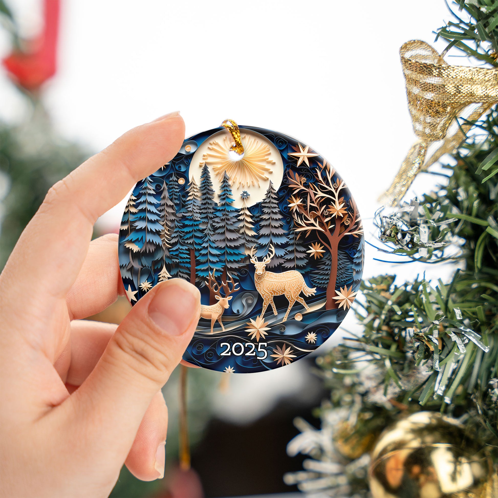 Forest Deer Layered Paper Art Christmas Ornament, Holiday Decor, Woodland Gift Exchanged