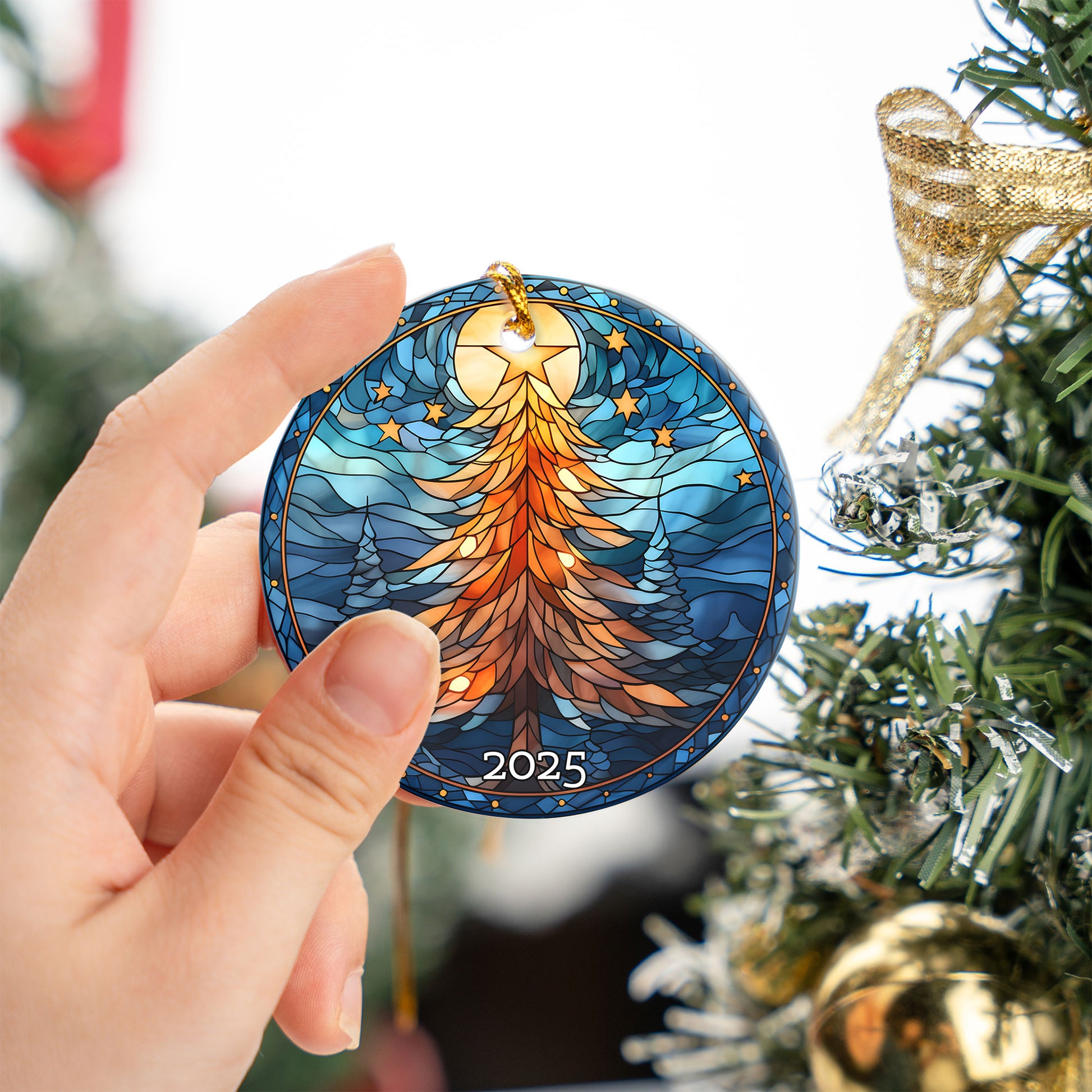 Christmas Tree Stained Glass Style Ceramic Ornament, Family Gift Exchanged, Holiday Decor