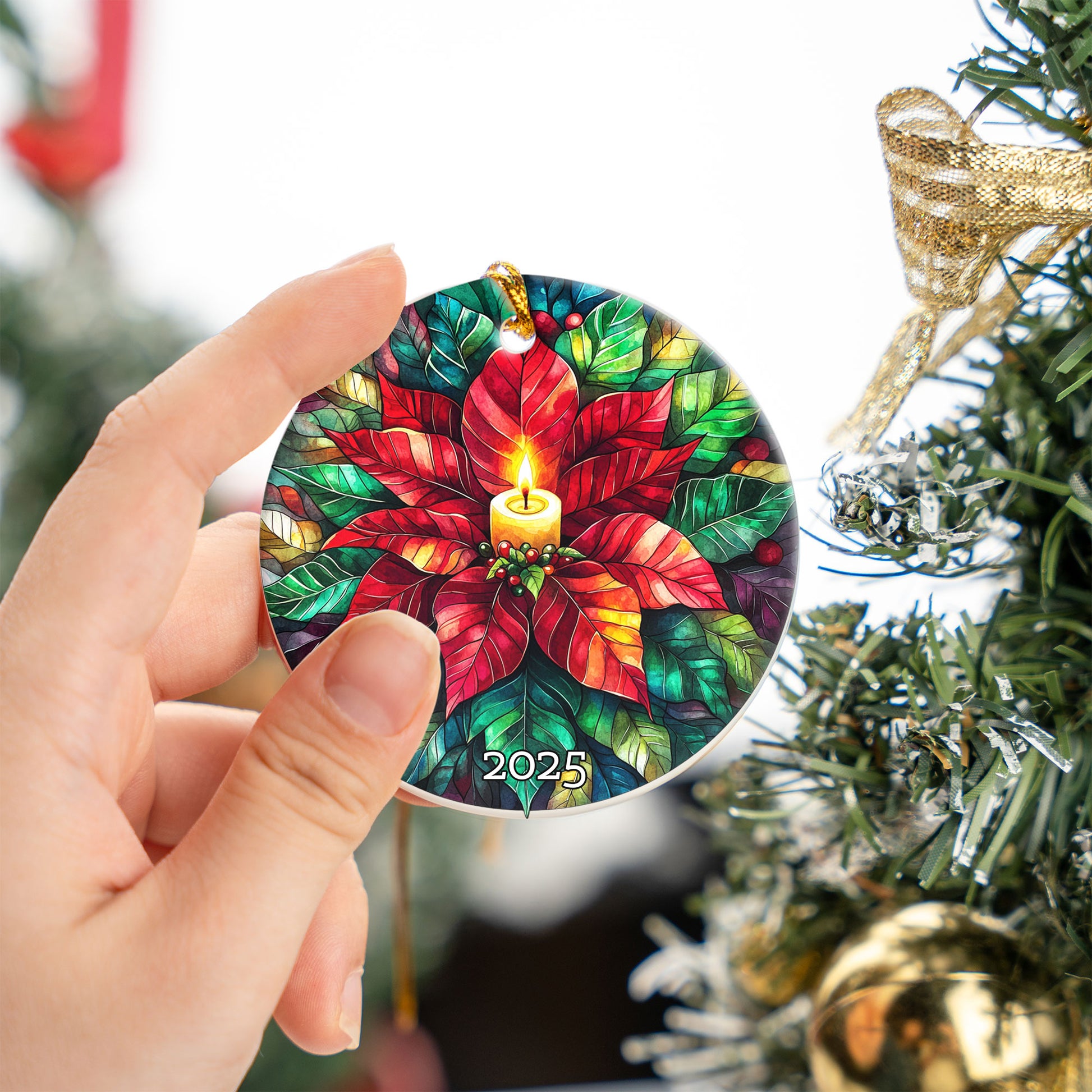 Stained Glass Poinsettia Candle Ornament, Colorful Christmas Keepsake, Festive Floral Holiday Decoration
