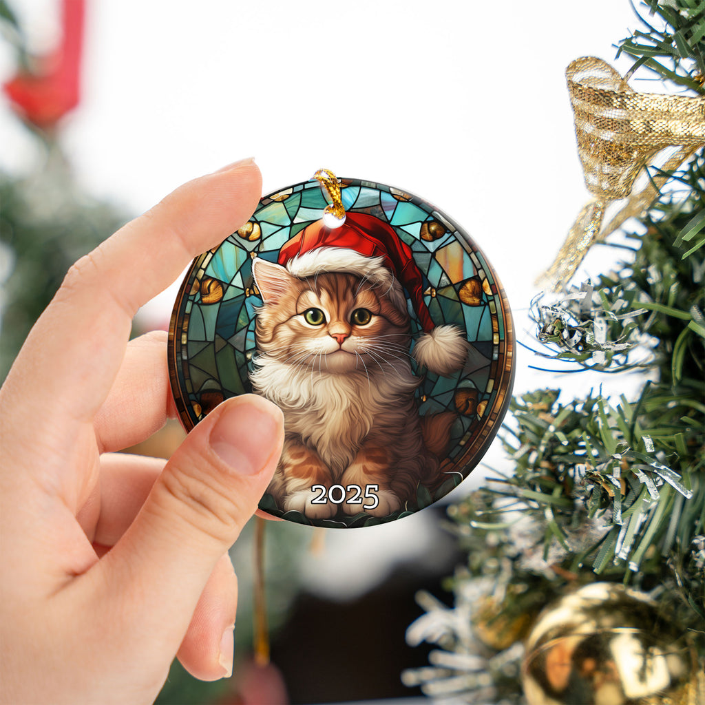 Merry Christmas Cat Stained Glass Ornament, 3D Ornament, Christmas Cat Decor, Cat Lover Cat Mom Gift