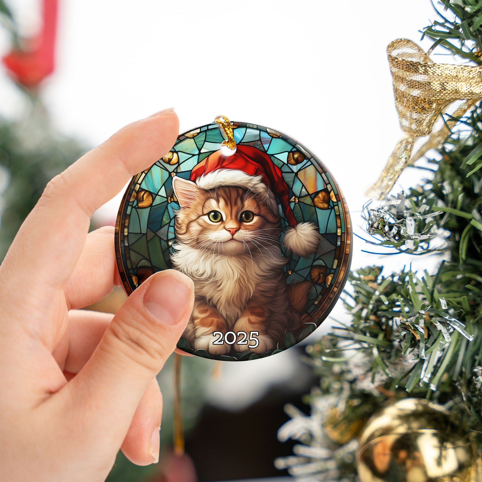 Merry Christmas Cat Stained Glass Ornament, 3D Ornament, Christmas Cat Decor, Cat Lover Cat Mom Gift
