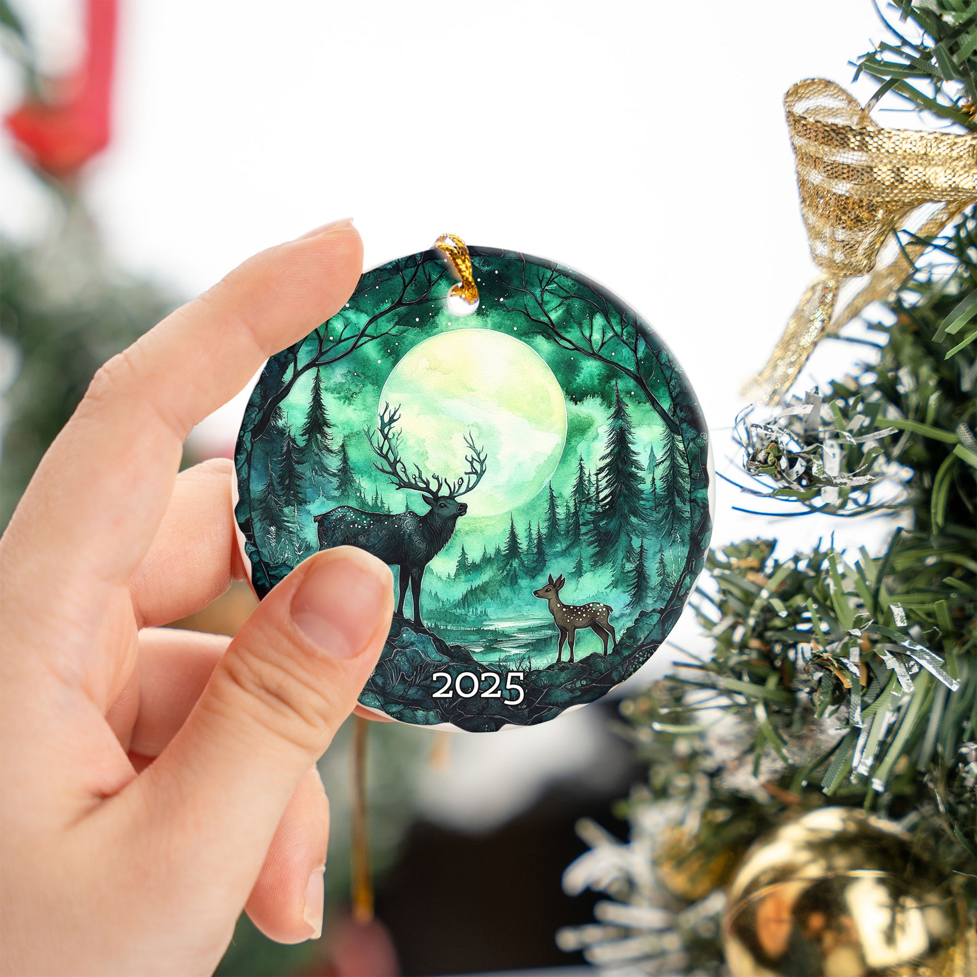 Moonlit Forest Deer Ornament 2025, Winter Scene Christmas Keepsake, Holiday Decor