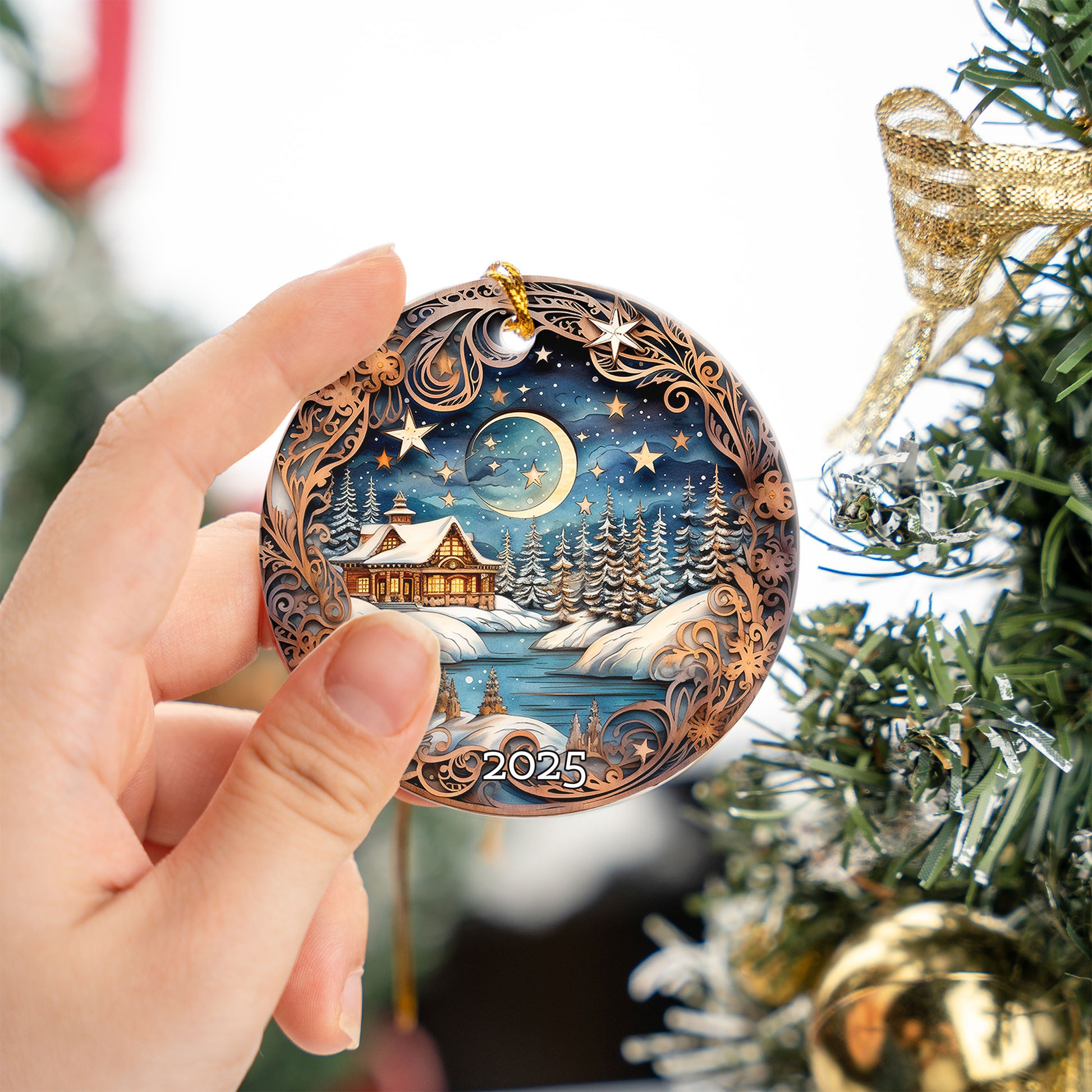 Vintage Cozy Cabin Christmas Ornament, Gift For Family, Tree Ornament