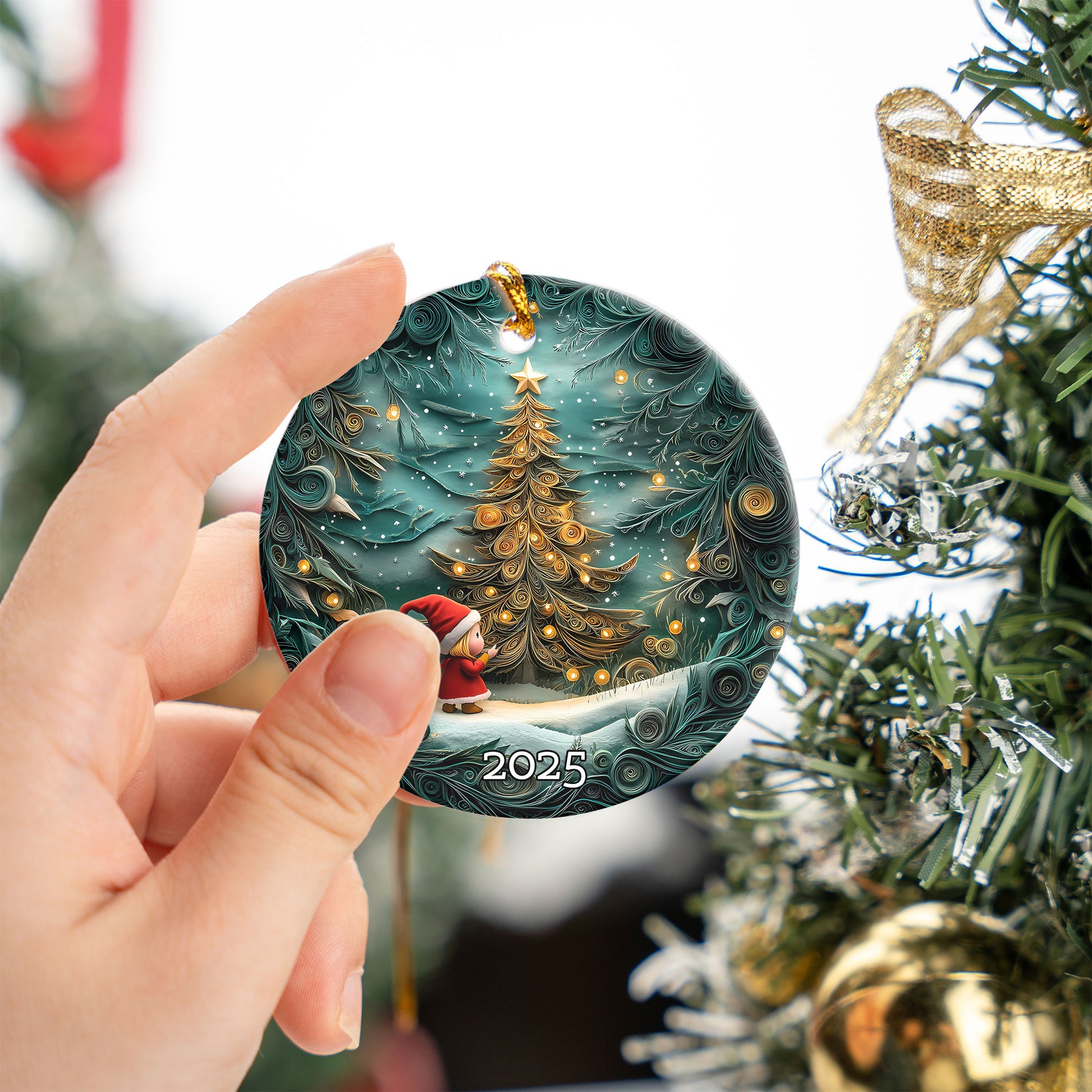 Christmas Tree Art Ornament, Holiday Decor, Winter Scene, Unique Gift Idea