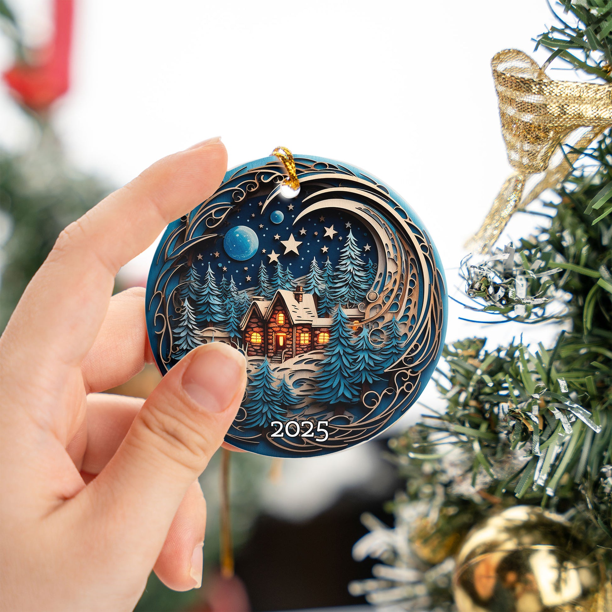 Cozy Cabin Christmas Ornament, Starry Sky Holiday Keepsake, Rustic Home Decor Gift for Nature Lovers