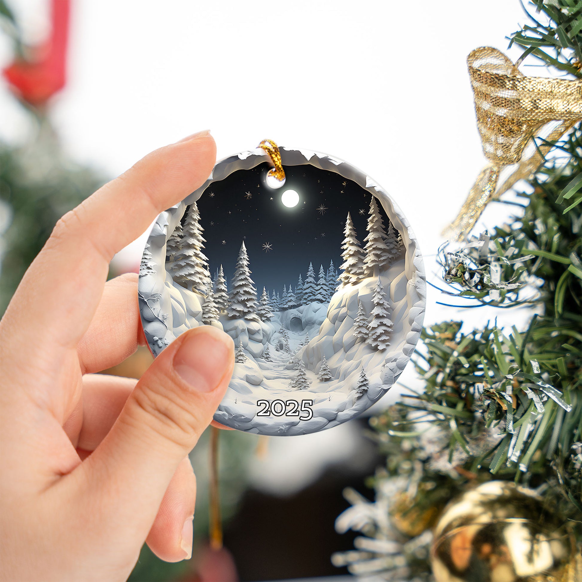 Snowy Forest Under Full Moon Serene Winter Ornament, Christmas Ornament 2025