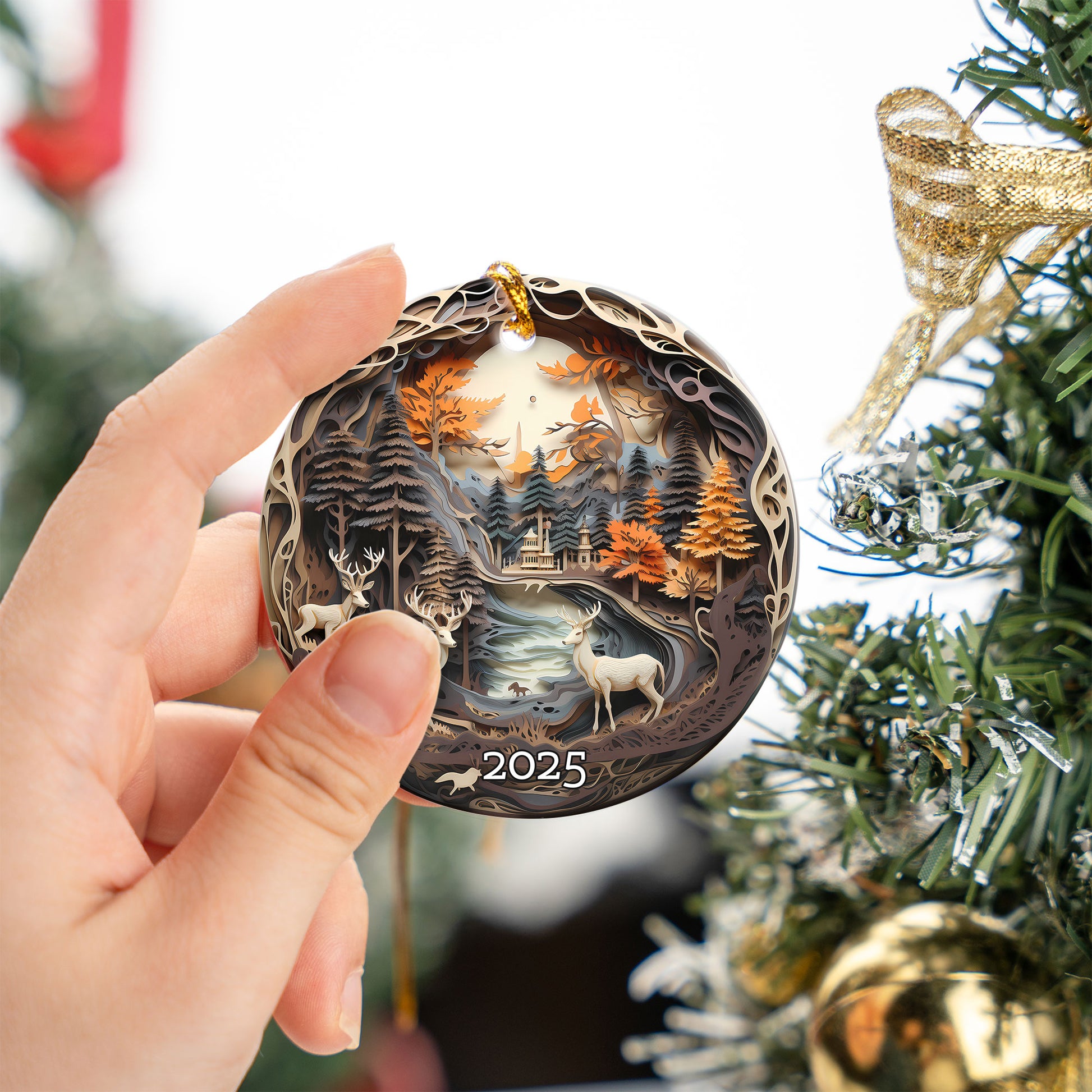 Winter Deer Scene Ornamen, Unique Keepsake for Rustic Holidays, Christmas Gift