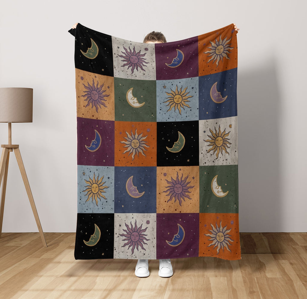 Mystic Sun Moon Boho Style, Celestial Checkerboard Throw Blanket