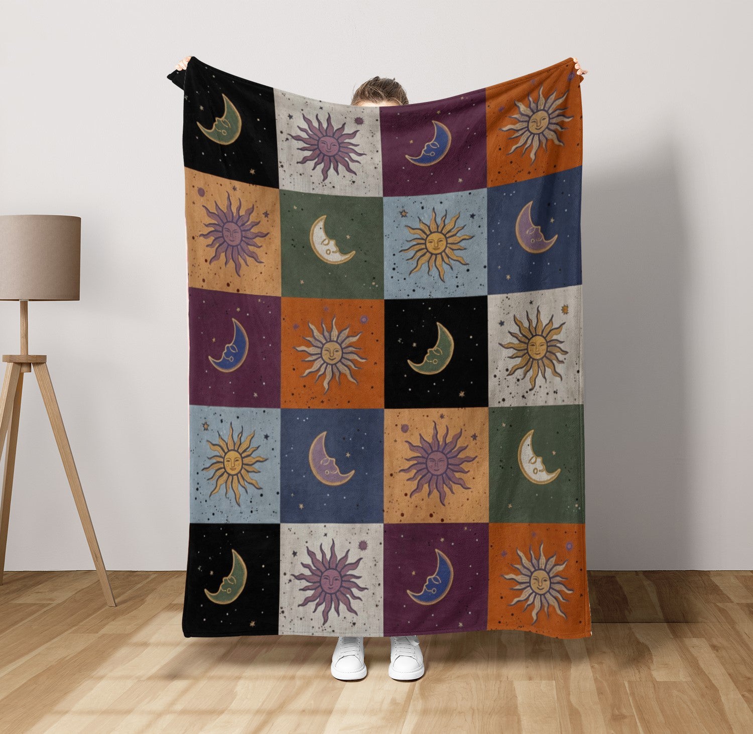 Mystic Sun Moon Boho Style, Celestial Checkerboard Throw Blanket
