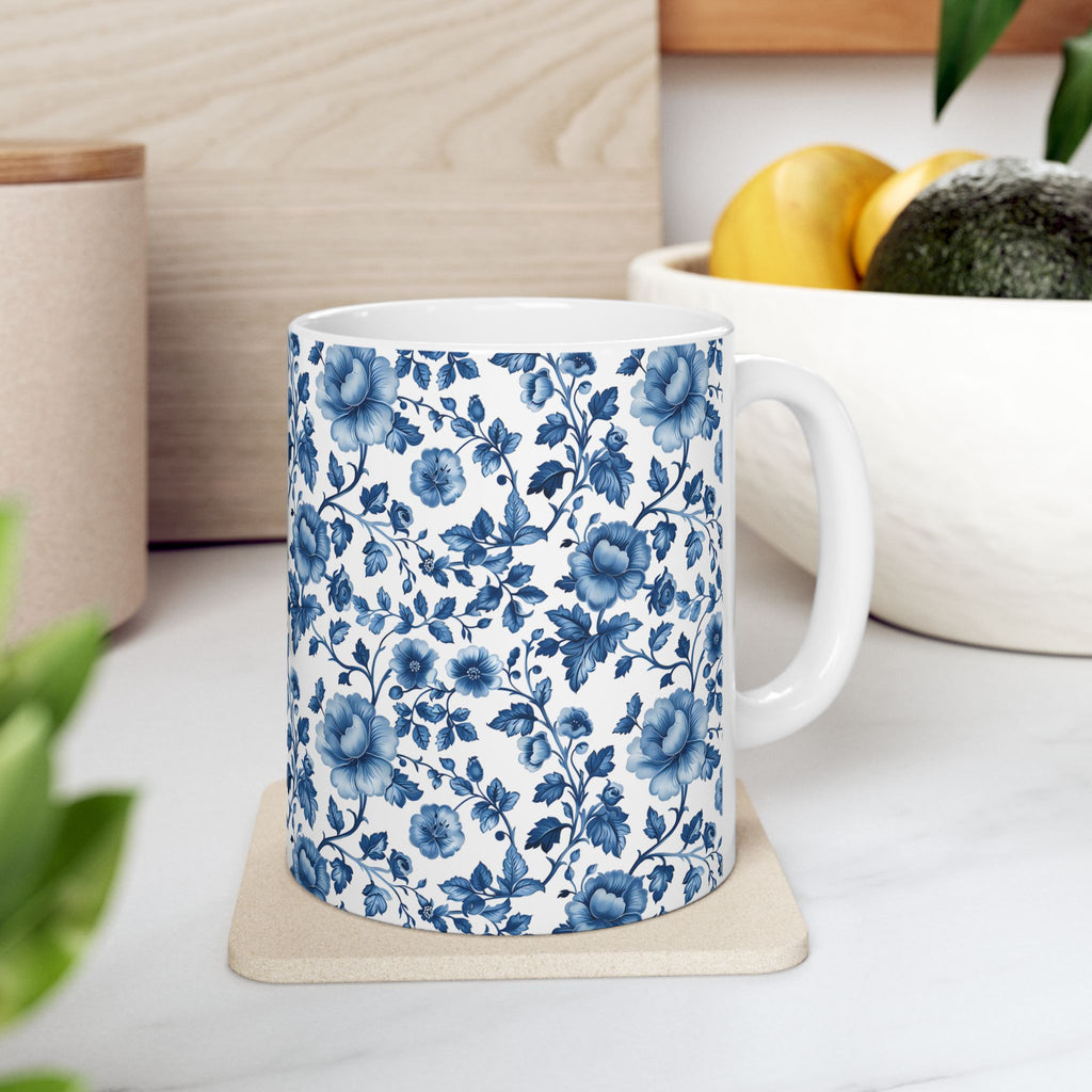 Blue Floral Mom Mug, Toile De Jouy Mug, Blue Flower Mug,Coffee Gift for Her, Mothers Day Gift Birthday Ceramic Mug, Dishwasher Safe Mug