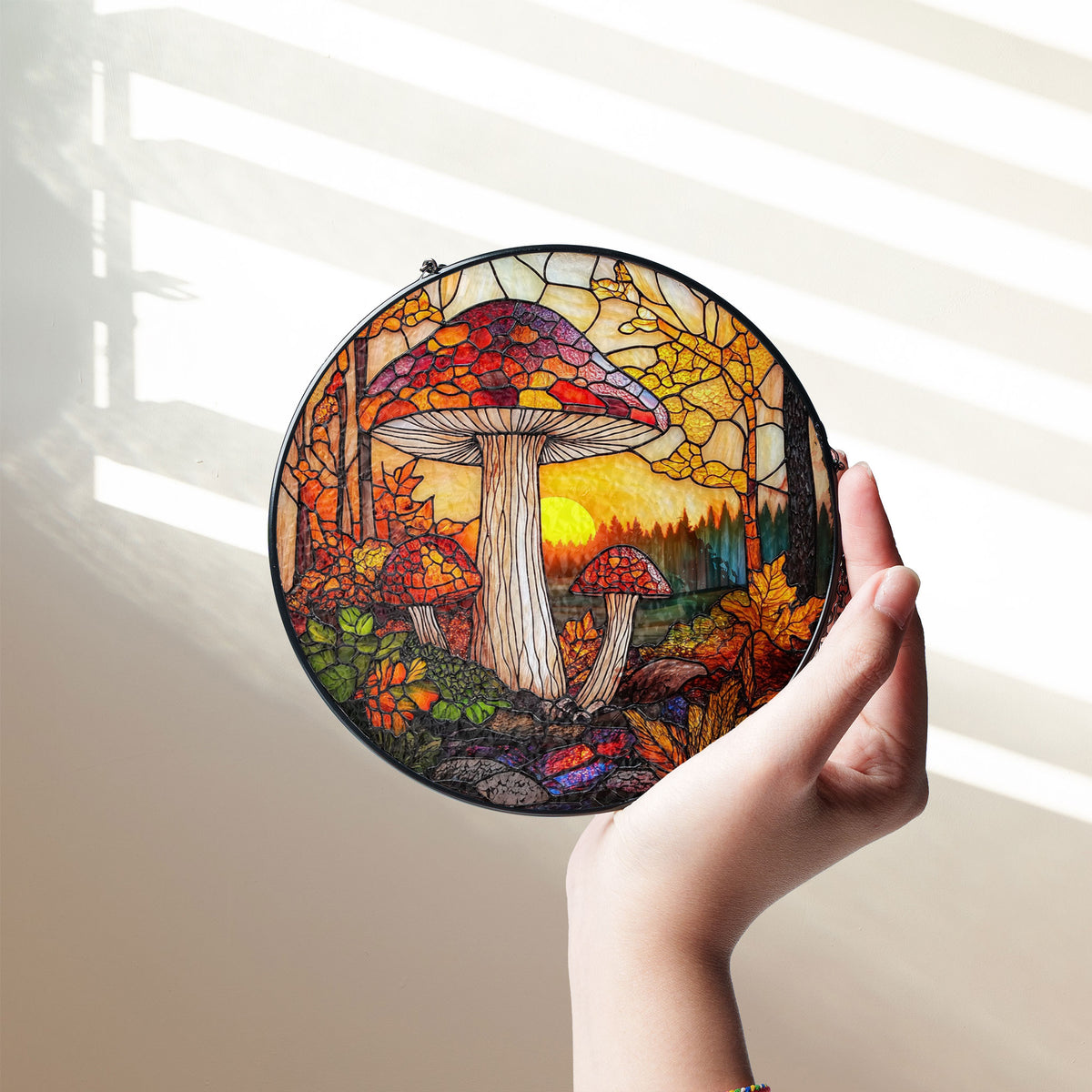 Sunset Mushroom Suncatcher, Window Stained Glass Style, Mushrooms for Home Decoration