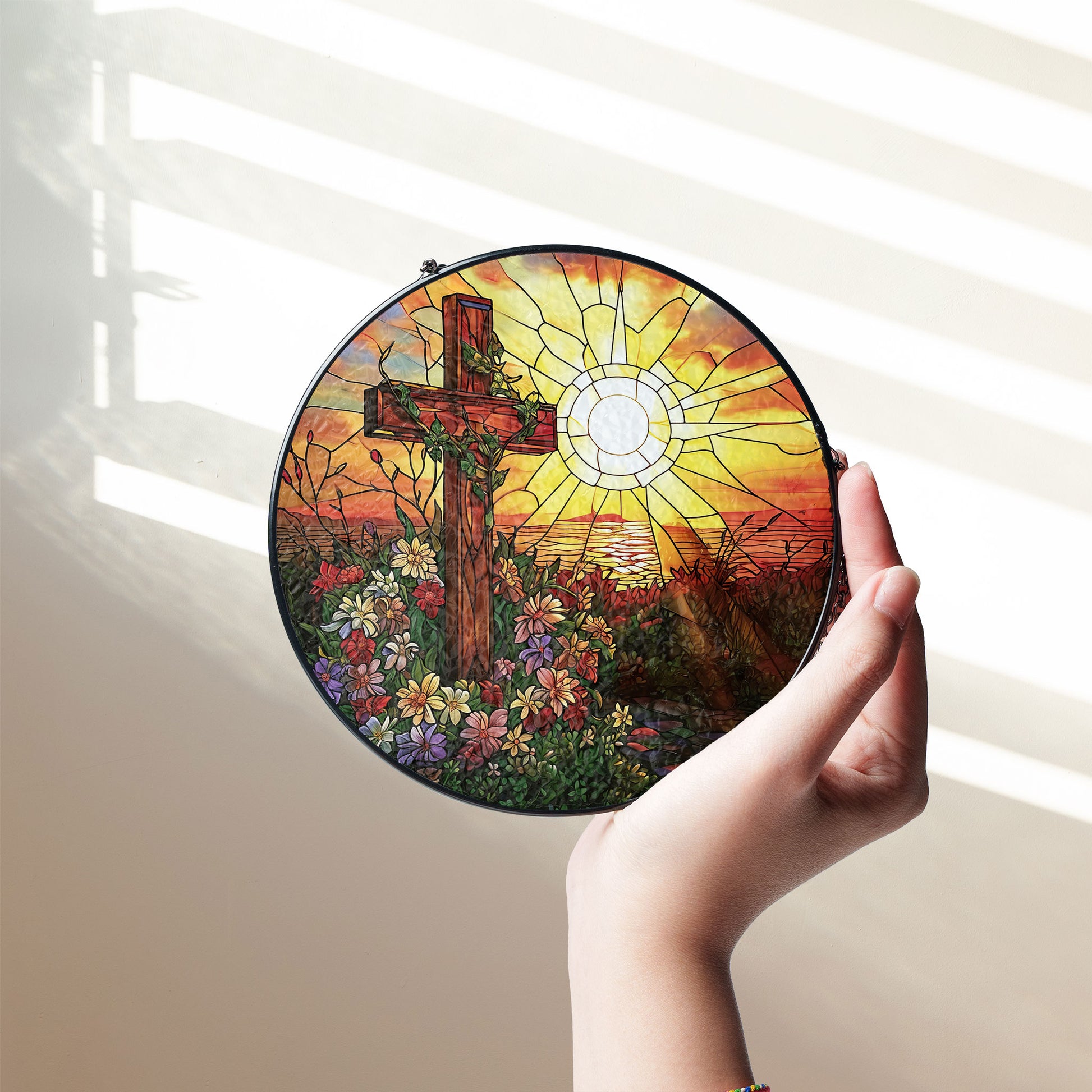 Cross Sunset Window Glass, Suncatcher Window Hanging