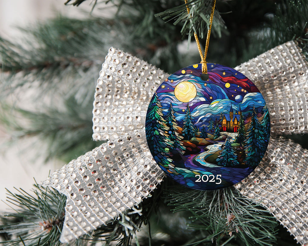 The Night Moon Church Christmas Tree Ornament, Stained Glass Style Ornament, Gift Exchange, Gift Idea, Xmas Church